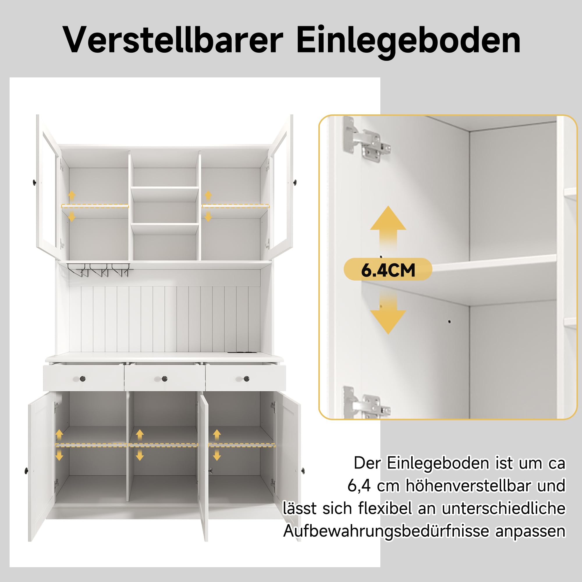 Küchenschrank mit USB Buchse für Wohnzimmer, Hochschränk mit Schubladen & Türen, Vorratsschrank mit Verstellbaren Regal & Weinregal, Buffetschrank für Esszimmer, 191x120x40 cm (Weiß)