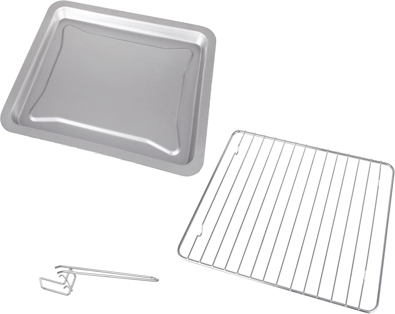 Included accessories: a rectangular baking tray, a wire grill rack, and a metal handle for removing hot items.