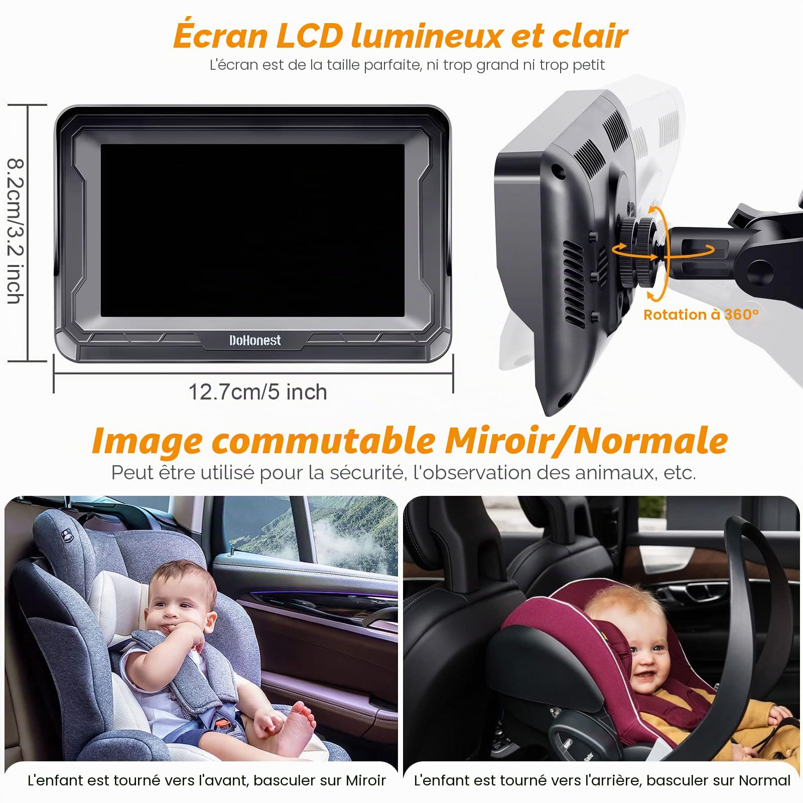 DoHonest Caméra de voiture pour bébé HD 1080p avec écran – Siège de sécurité enfant Miroir de voiture pour bébé pour visage arrière 5 minutes Installation facile Vision nocturne V33