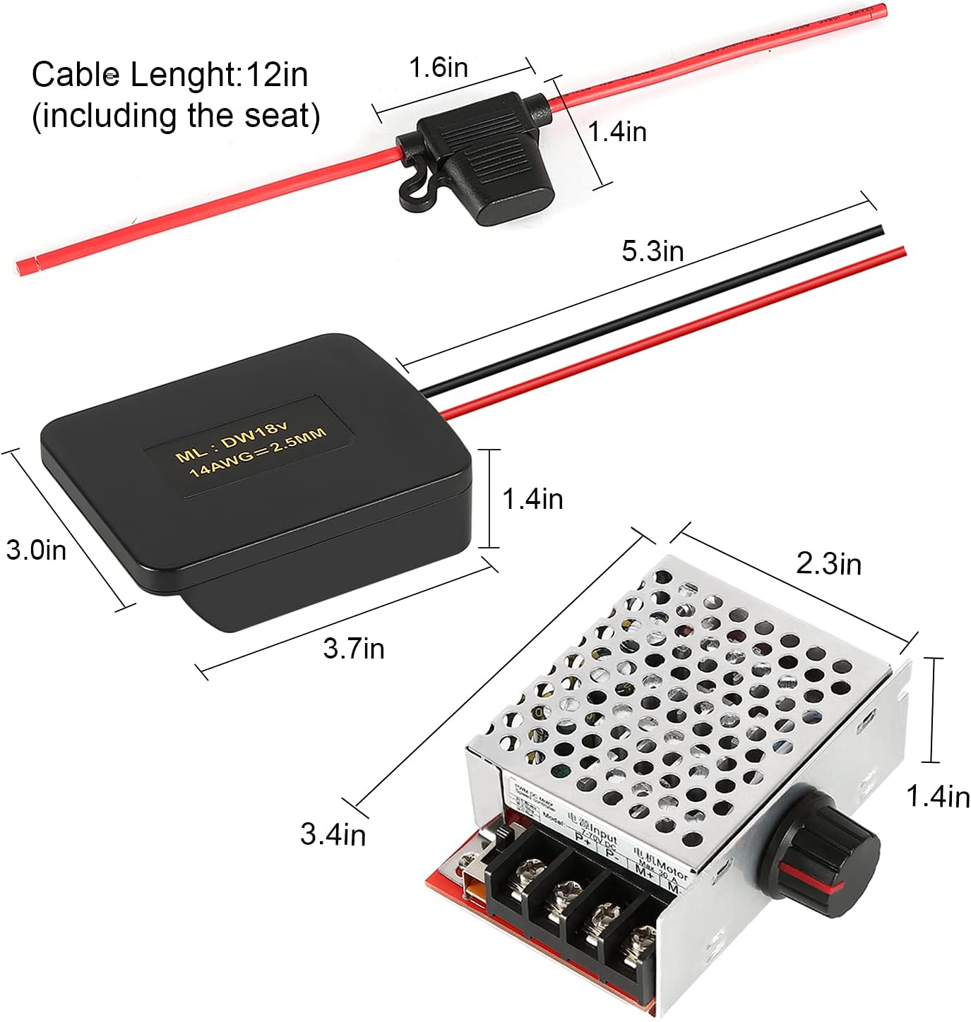 Ruzixt 7-70V 30A PWM DC Motor Speed Controller Switch Set with 30 Amp Fuse and Power Wheels Adapter Compatible with Dewalt 18V/20V Dock Power Connector 14 Gauge Robotics - - 