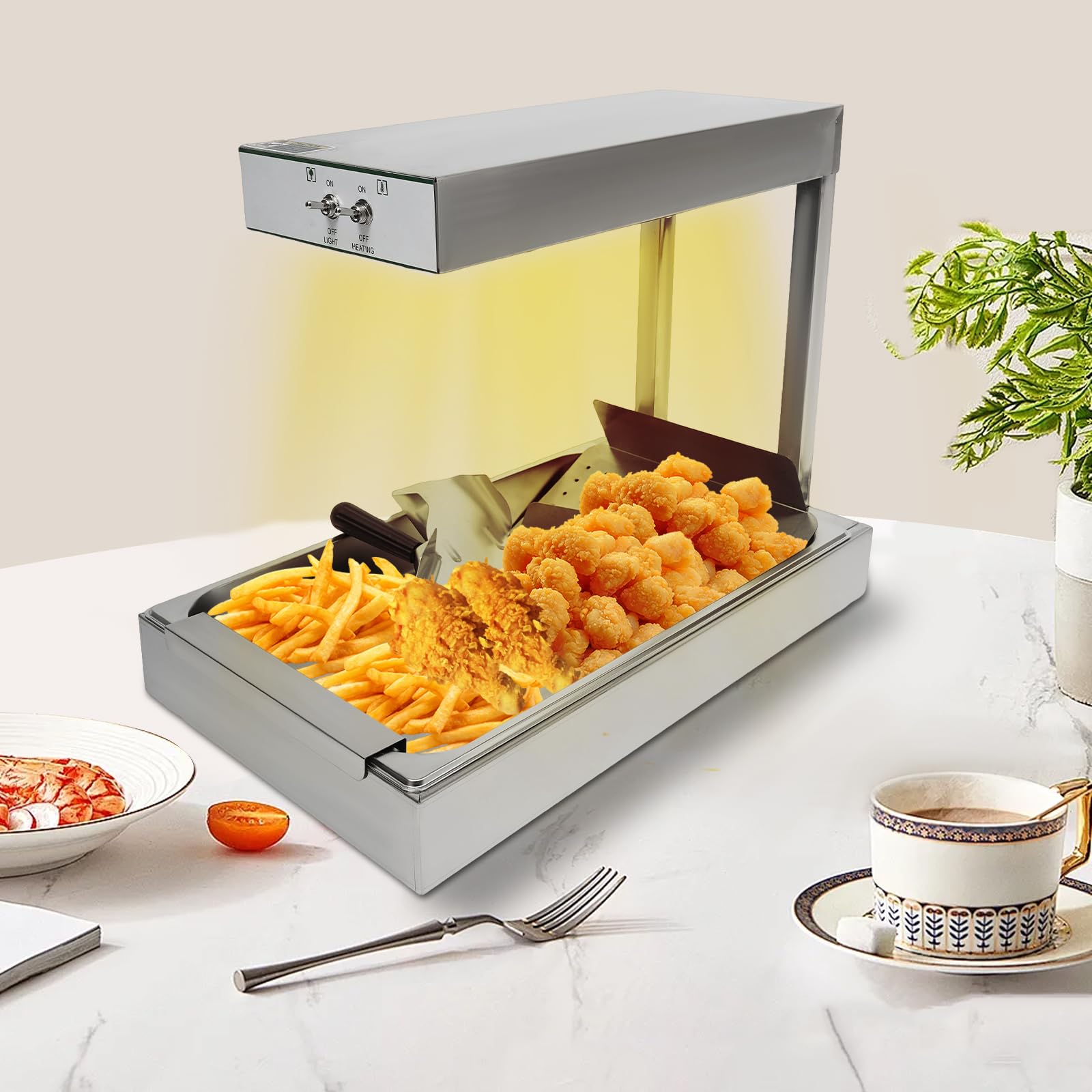 Chauffe-frites, 750 W, 80 °C, 56 x 33 x 46,5 cm, en acier inoxydable, avec lumière au tungstène, pour boulangeries, cafés, fêtes