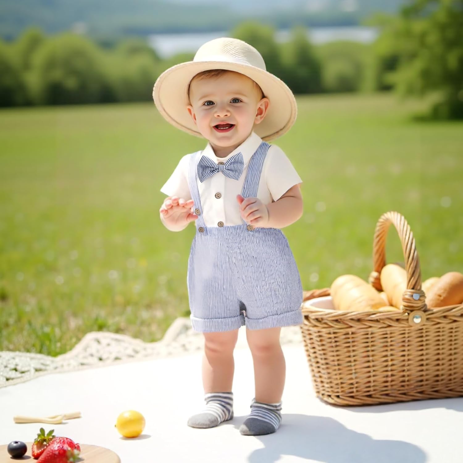 Toddler Boy Gentleman Outfit Solid Color Short Sleeves Bow Tie Romper Shorts Set Baby Boys Summer Clothes - Image 2