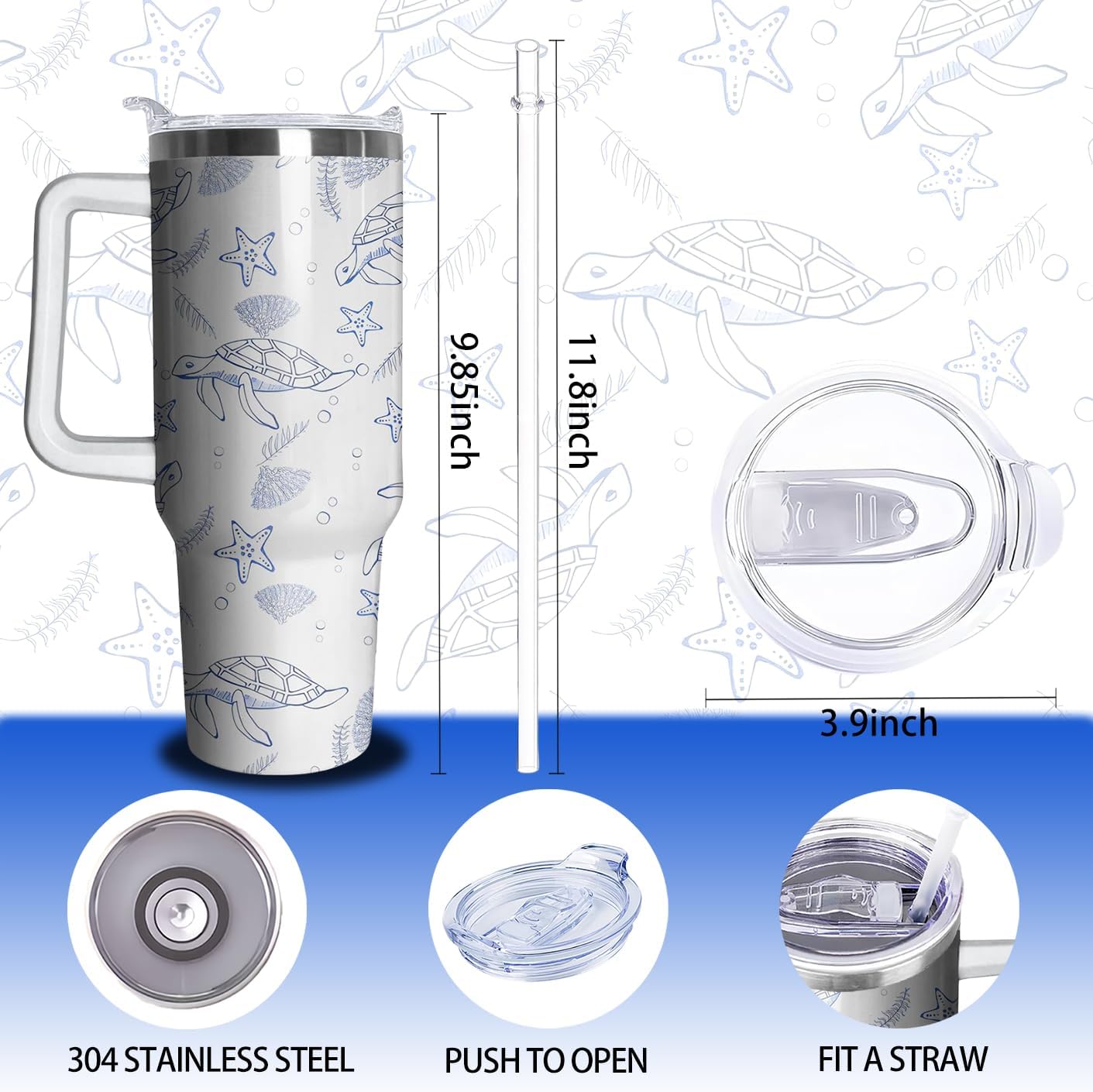 40oz Sea Turtle Tumbler with Handle and Straw, Ocean Turtle Stainless Steel Insulated Cup with Lid and Straw, Travel Coffee Mug Water Bottle, Birthday Mothers Day Gifts for Women Men Animal Lovers - Image 2