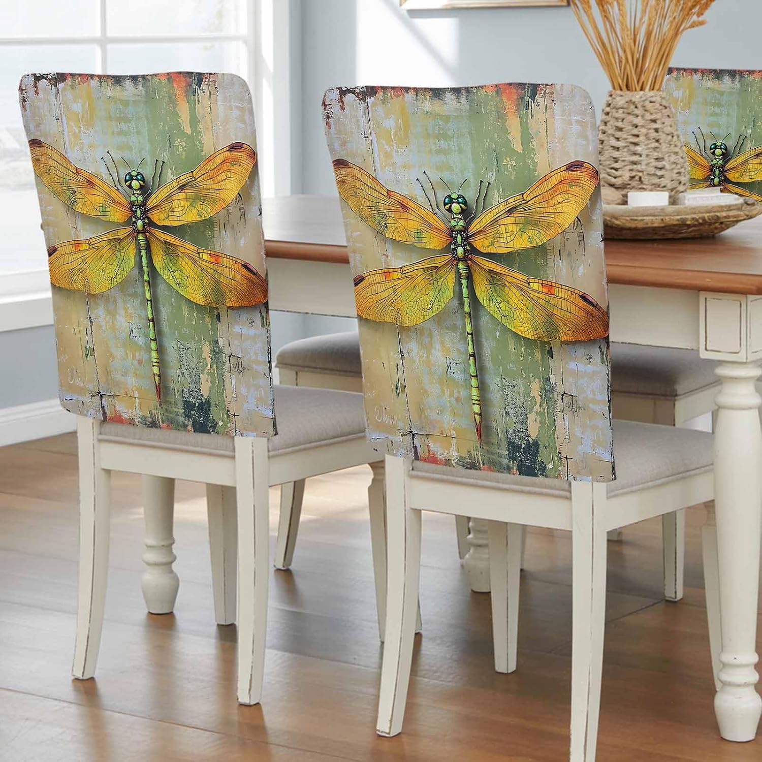 Modern Oil Painting Chair Back Covers Retro Yellow Dragonfly Wing Set of 6 Dining Room Stretch Slipcovers, Removable Seat Protector for Kitchen Home Hotel Decor