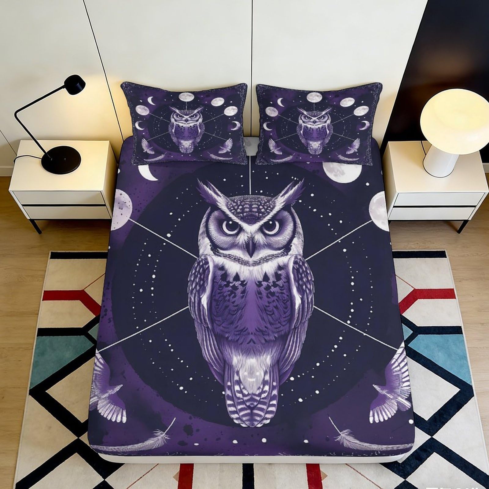 3D Printed owl motif Fitted Sheet, Microfiber soft touch, wrinkle resistant, guest room bedding, stylish decor, bedroom cover 90x200x25cm