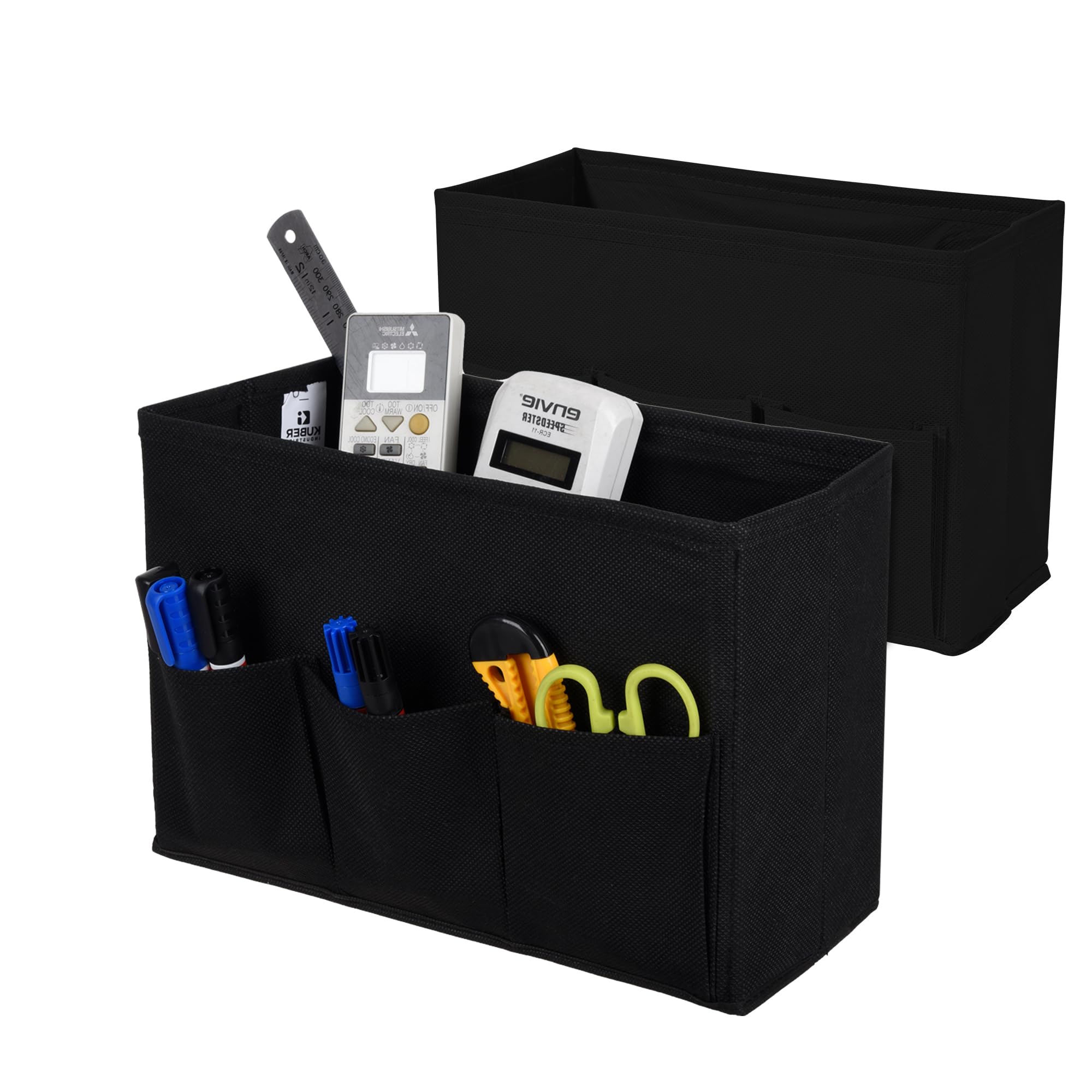 Kuber Industries 2 Pcs Stationary Organizer for Home | 3 Compartment Desk Organiser for Books, Keys, Pens, Remote Holder | Organizer Storage Box for Jewellery & Cosmetic Item | Plain | Black
