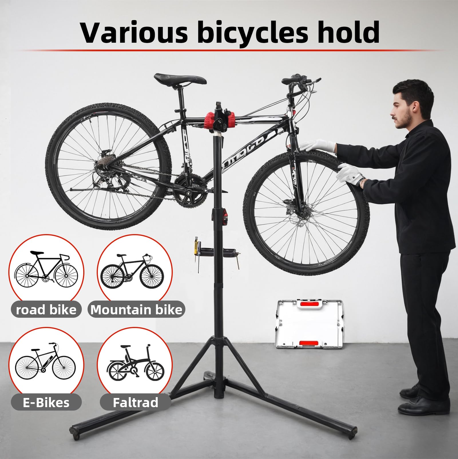 Regolabile Altezza Cavalletto Bici Manutenzione, Massima 50kg,360° Braccio | Pieghevole Cavalletto Manutenzione Bici con Vassoio Portautensili Magnetico e Barra Stabilizzatrice