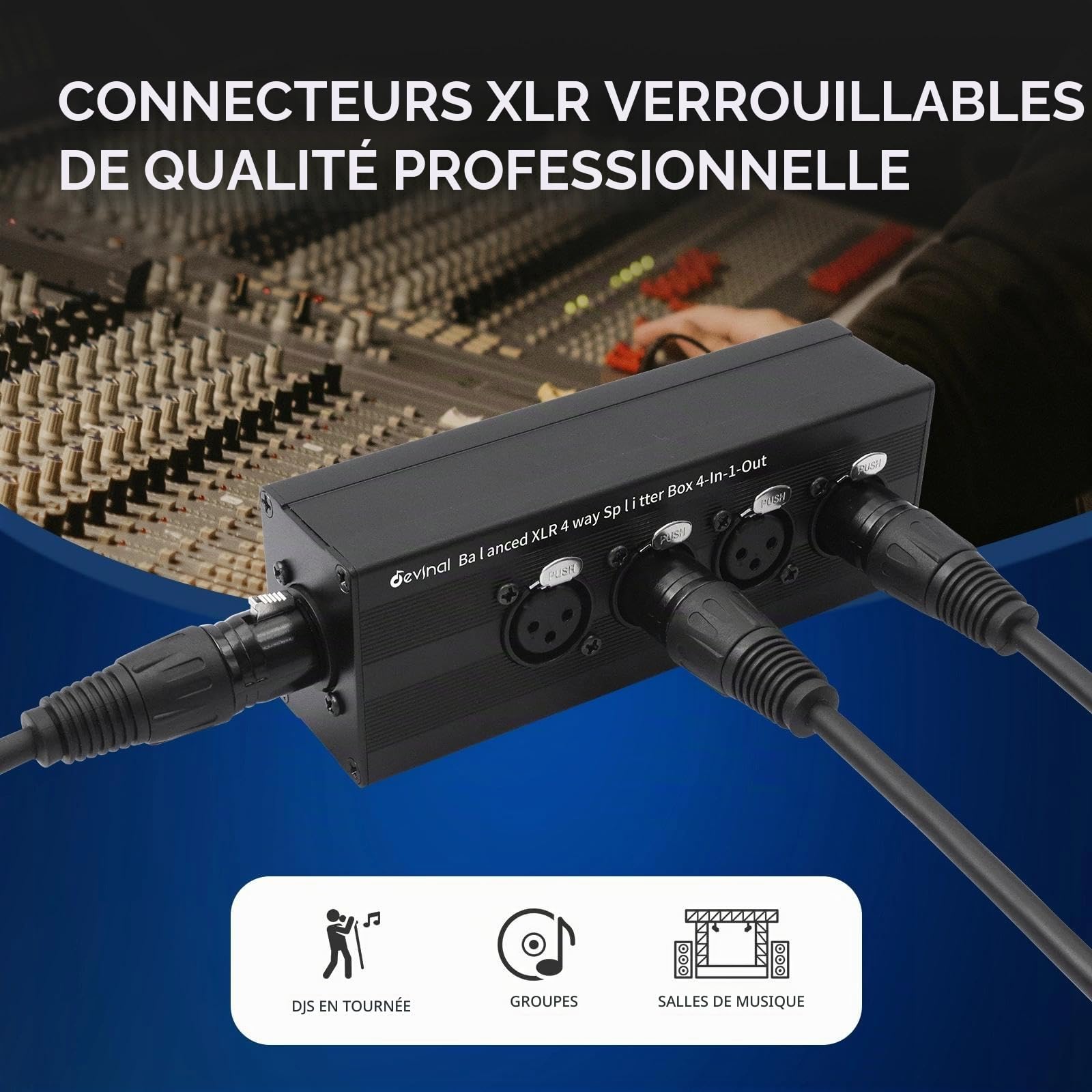 Boîtier répartiteur audio XLR 4 en 1 sortie, convertisseur XLR 4 femelle vers 1 mâle ; câble audio stéréo passif 4 voies