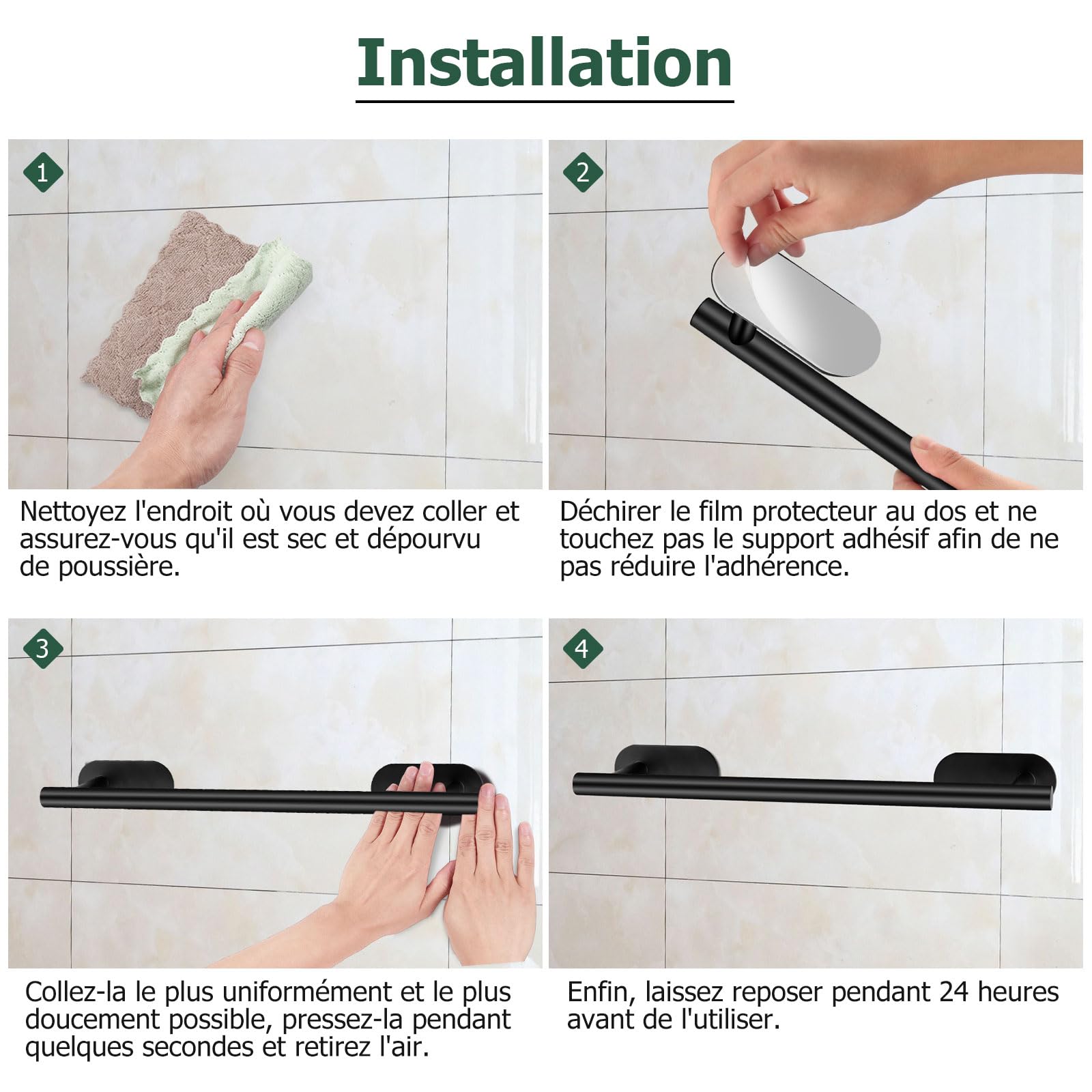 JiGiU Porte-Serviettes de Salle de Bain 6 pièces Barre Porte-Serviettes Murale en Acier Inoxydable Porte-Papier Anneau Porte-Serviettes pour Salle de Bain, Chambre, Cuisine - Noir
