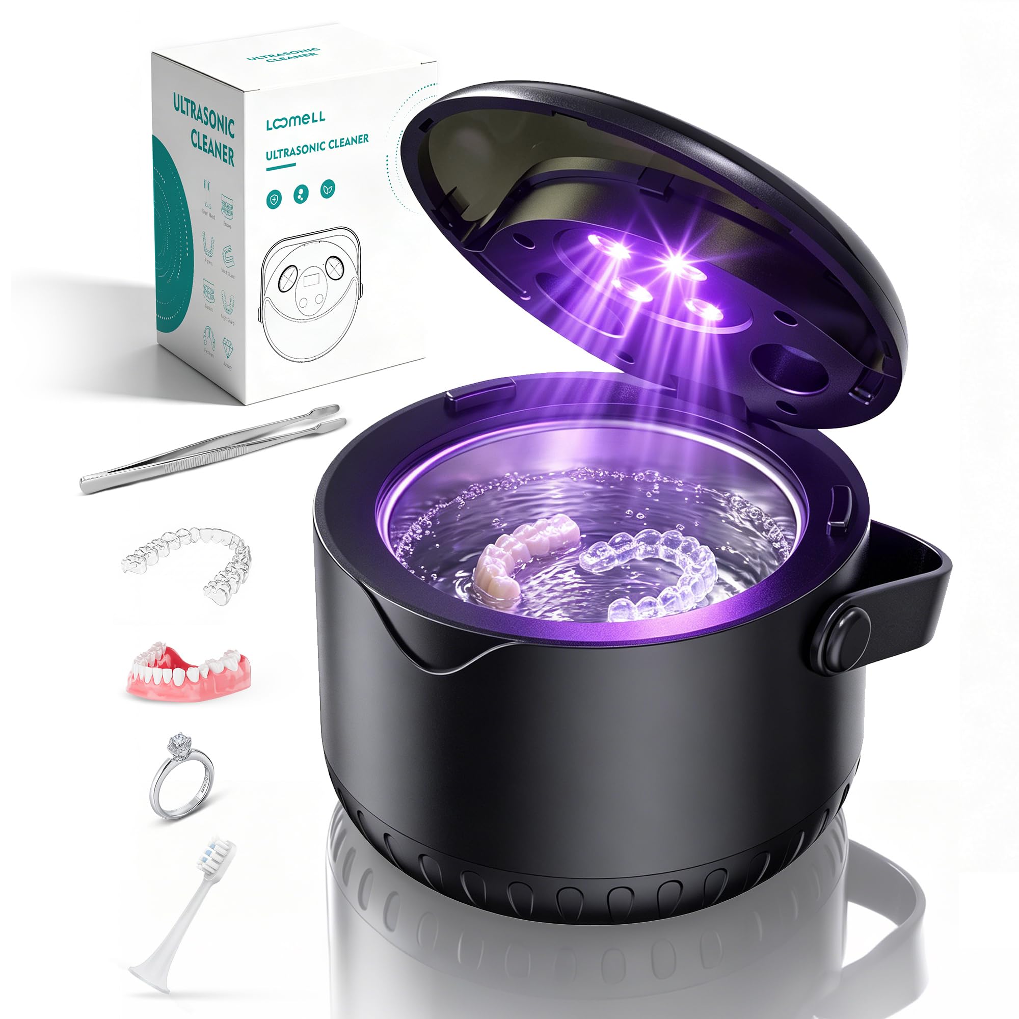 View 1 of ***LIKE NEW/OPEN BOX***
Professional Ultrasonic Retainer Cleaner Machine - 45kHz Deep Cleaning Pod with 4 UV Lights & 4 Modes, 200ML Dental Cleaner for Aligners, Dentures, Mouth Guards, Jewelry & Toothbrush Heads (Black)