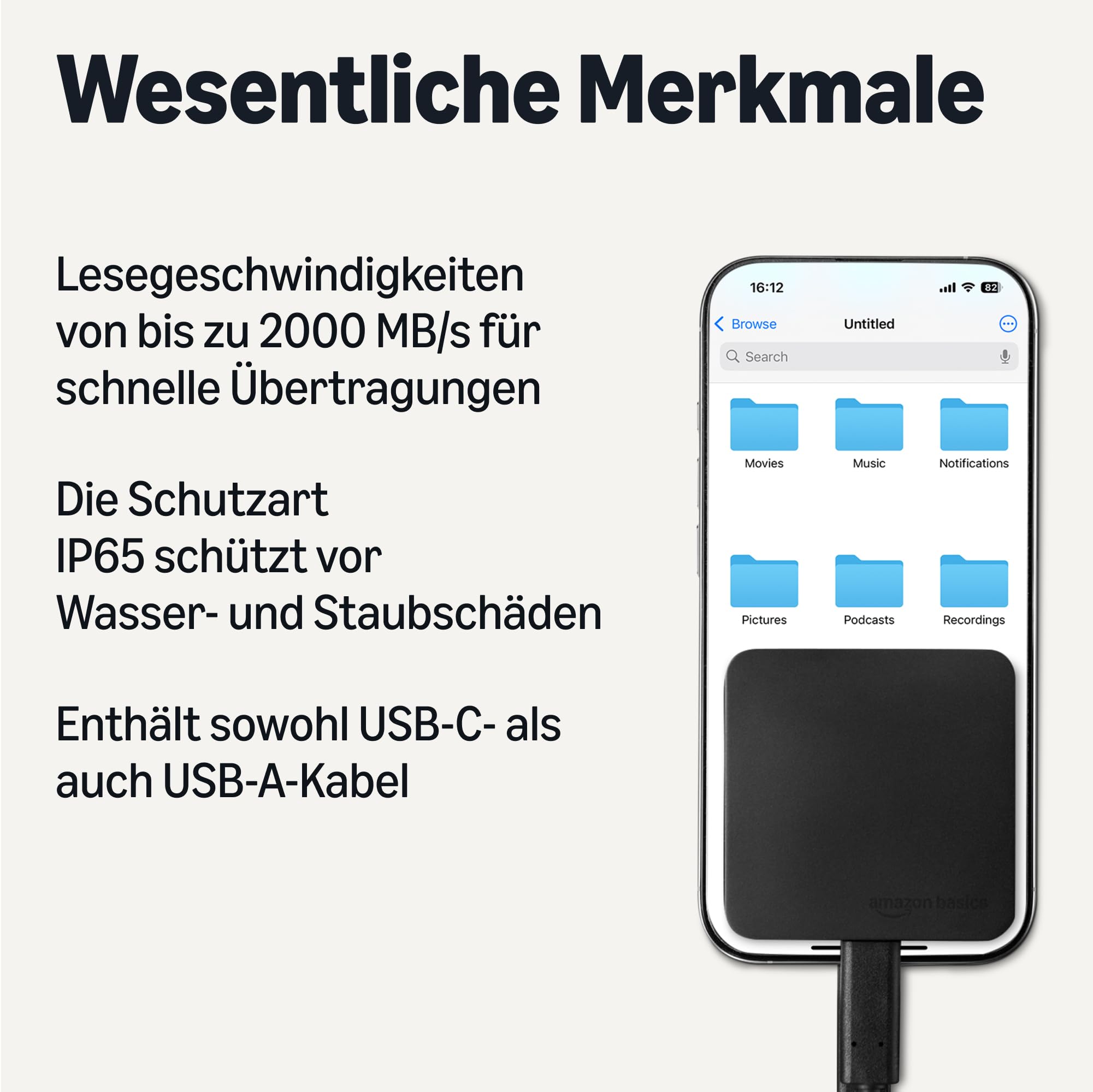 Amazon Basics Tragbare Externe SSD Externes Solid-State-Laufwerk 1TB Geschwindigkeiten bis zu 2000MB/s USB 3.2 Gen 2 Wasser- und staubdicht nach IP65 Schwarz