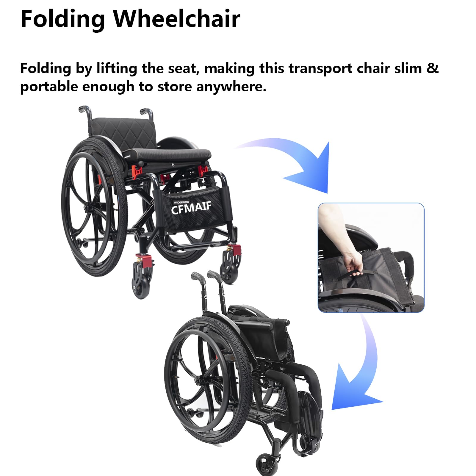 Sedia A Rotelle Reclinabile Pieghevole, Portatile, Autospinta, Carrozzina Pieghevole in Alluminio, Freno Manuale, Leggera(38cm/14.9in Seat,Red)