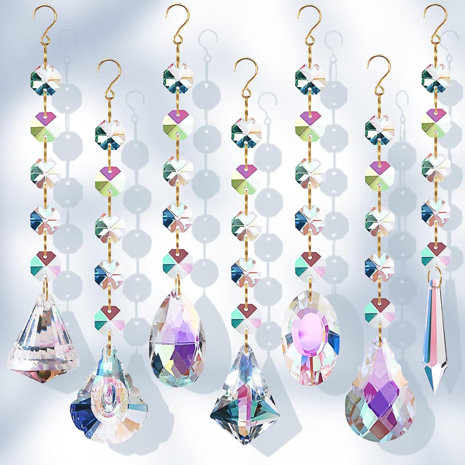 Sun Catchers with Crystals, 7 Pcs Hanging Crystals Suncatchers for Windows, Colored Suncatchers Prisms Glass Pendant for Chandeliers, Garden, Christmas Tree Decoration