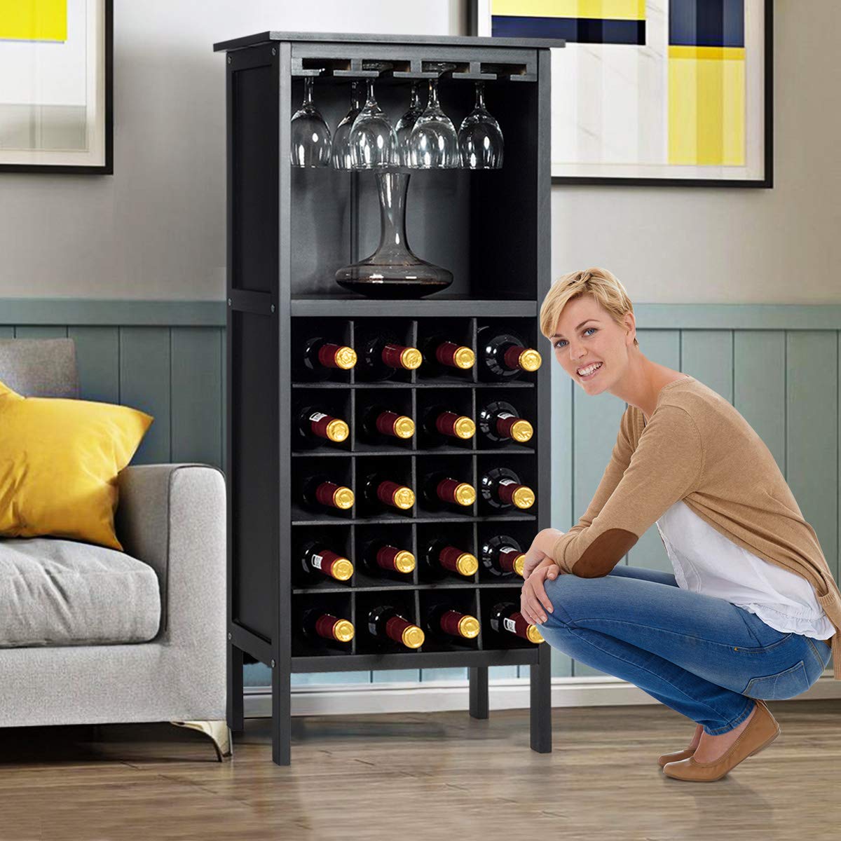GOPLUS Wijnrek voor 24 flessen, flessenrek met glazen houders en planken, keukenrek met laadstation, staand rek, magnetronrek voor woonkamer, keuken, eetkamer, rustiek bruin GOPLUS Wijnrek voor 24 flessen, flessenrek met glazen houders en planken, keukenrek met laadstation, staand rek, magnetronrek voor woonkamer, keuken, eetkamer, rustiek bruin