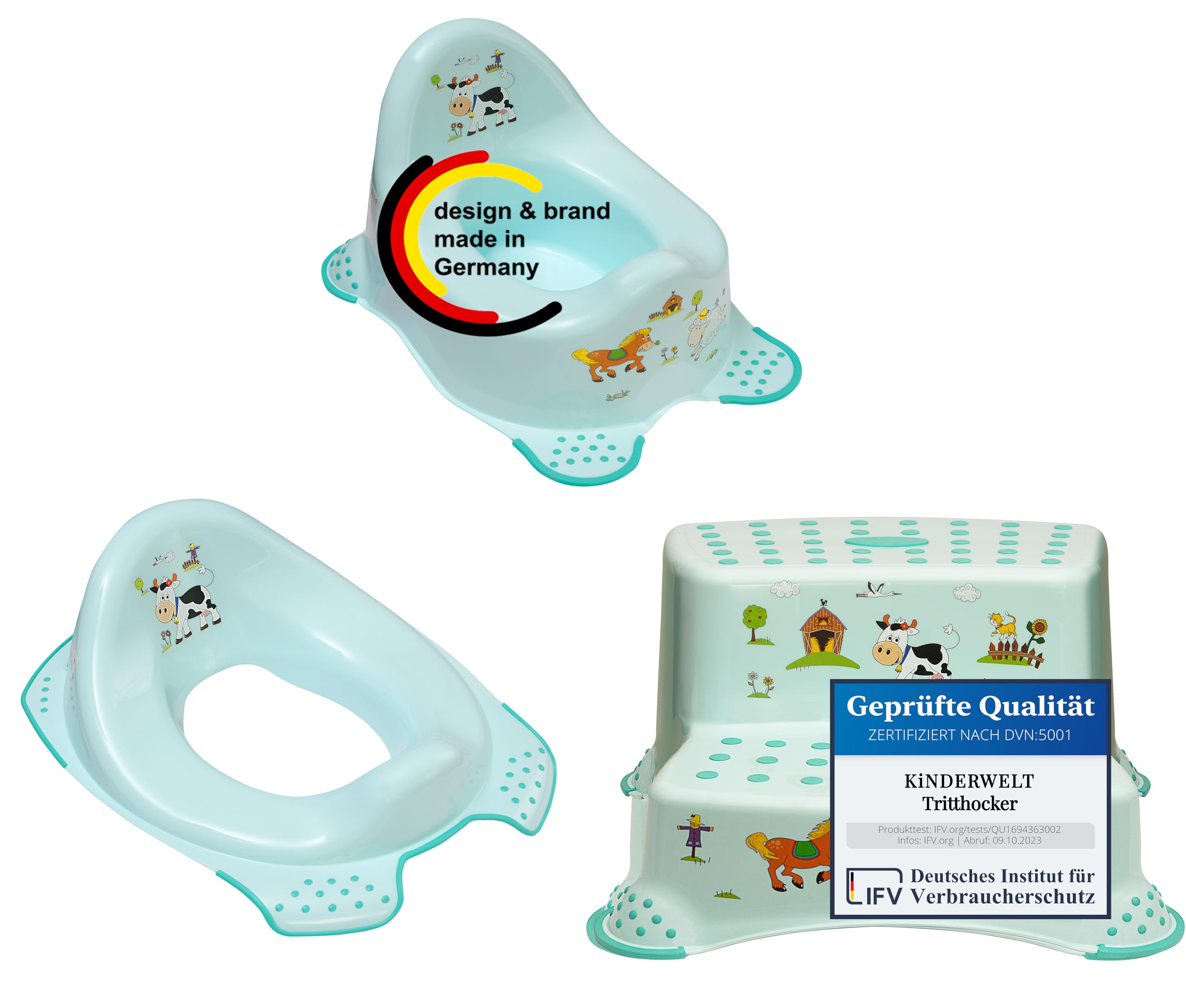 KiNDERWELT 3er Set Premium Toilettensitz, zweistufiger Hocker und stabiles Töpfchen für Babys und Kinder -Funny Farm Design aquamarin - Toilette für Kleinkinder