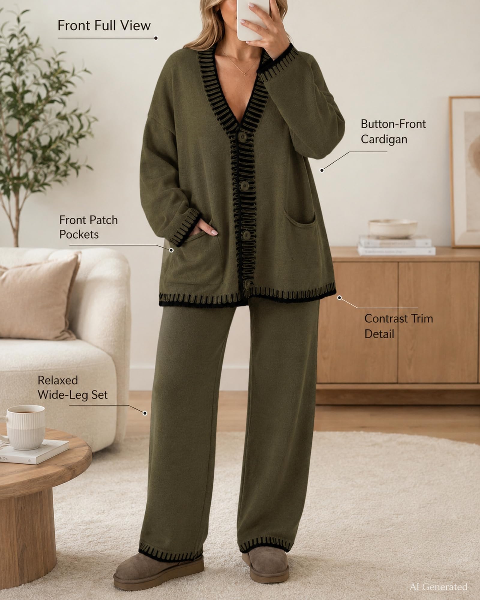 Women Two Piece Knit Set Button Front Cardigan And Matching Pants