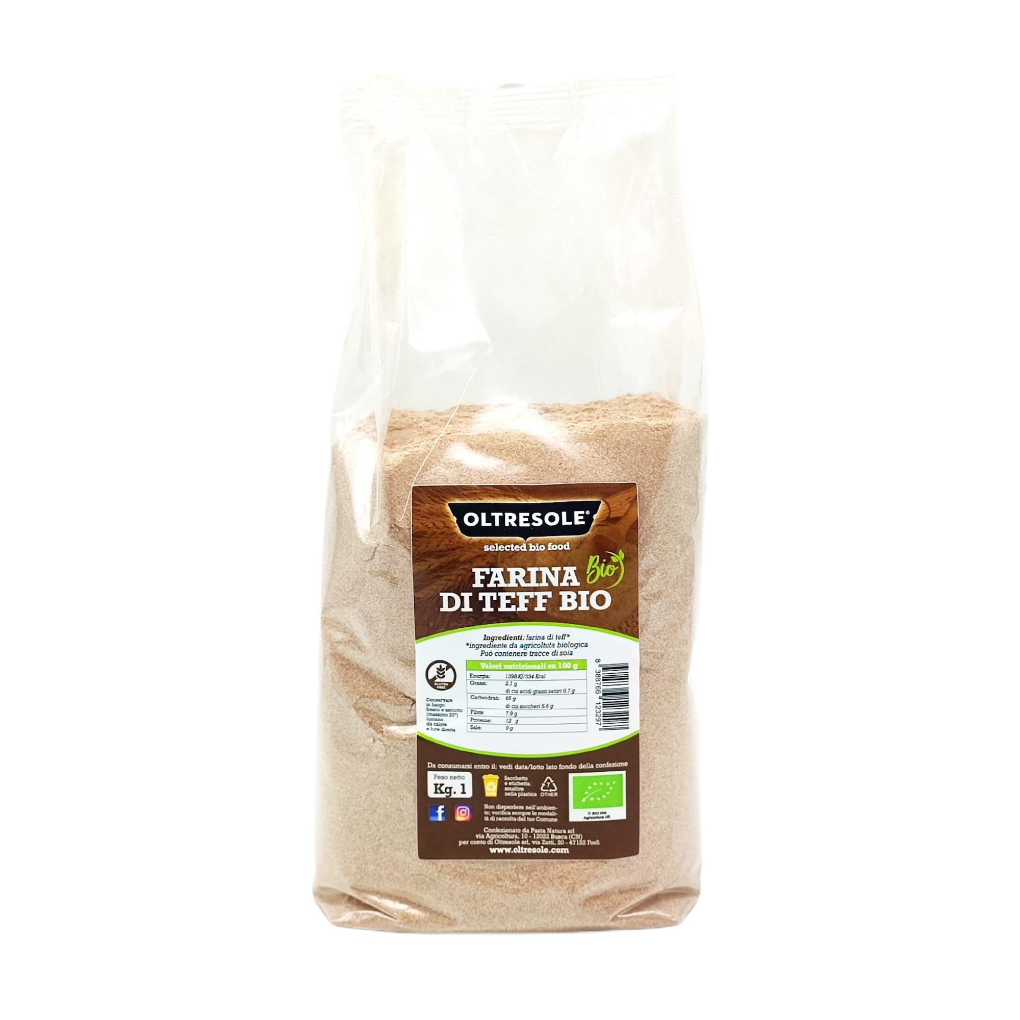 Oltresole | Farina di Teff Biologica Integrale - 1 kg | Farina Biologica Integrale Ricca di Fibre e Proteine, Versatile per Ricette Dolci e Salate | Senza Glutine, Vegana e Senza OGM