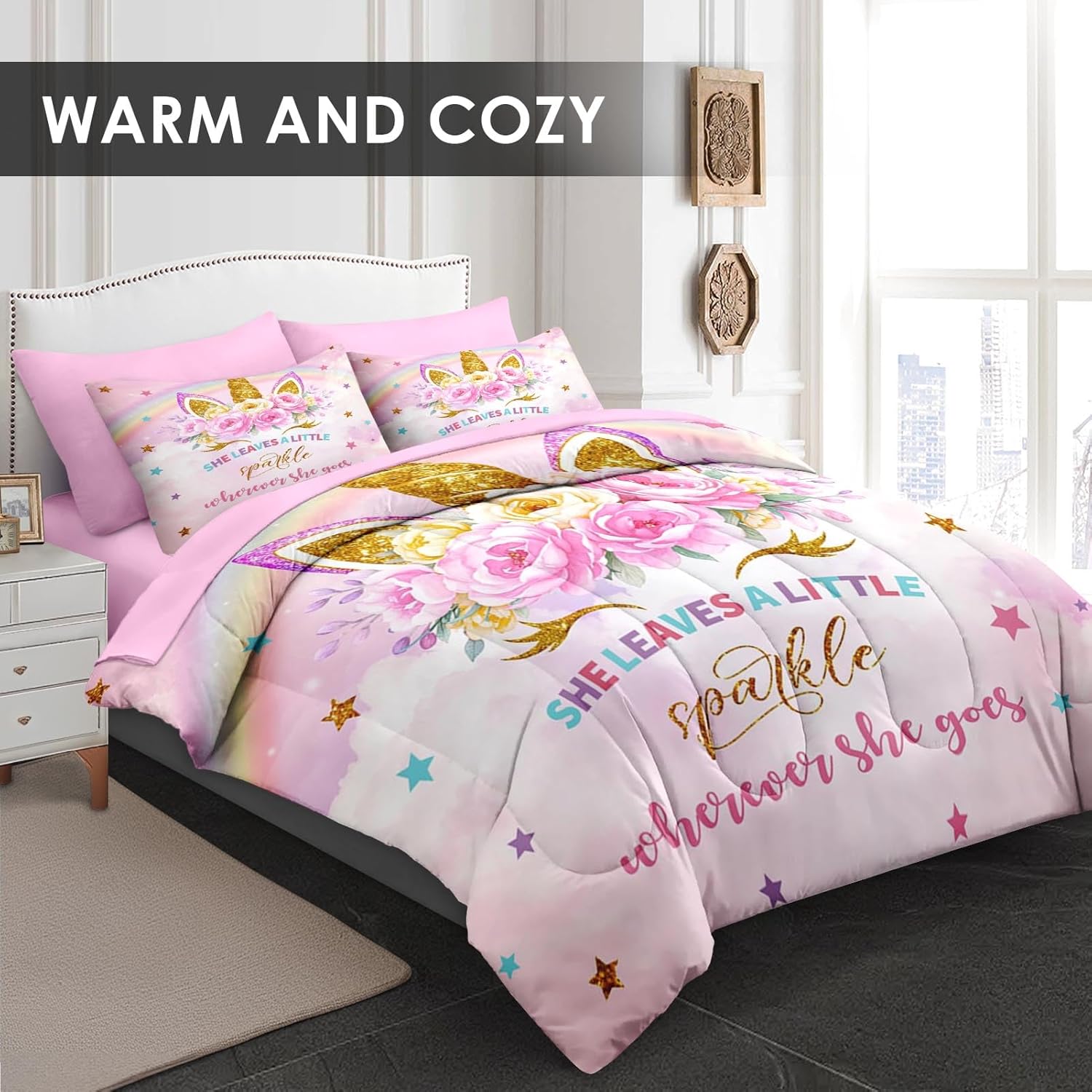 Twin Size Comforter Set with Pillowcase & Sham, Cute Golden Unicorn 5 Pcs Bedding for Kids and Teens, Pink Rainbow Star Rose Flower Bed in a Bag with Flat Fitted Sheet - Image 4