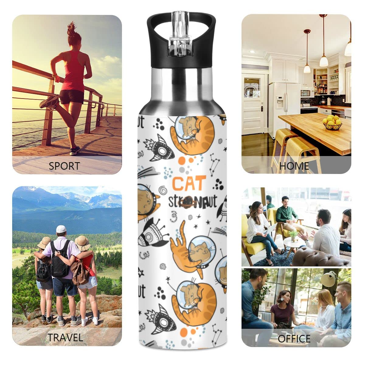 Edelstahl Wasserflasche mit Strohhalm, Katze im Weltraum isolierte Trinkflasche Sport Wasserflasche für Kinder Erwachsene, auslaufsicher, 1L