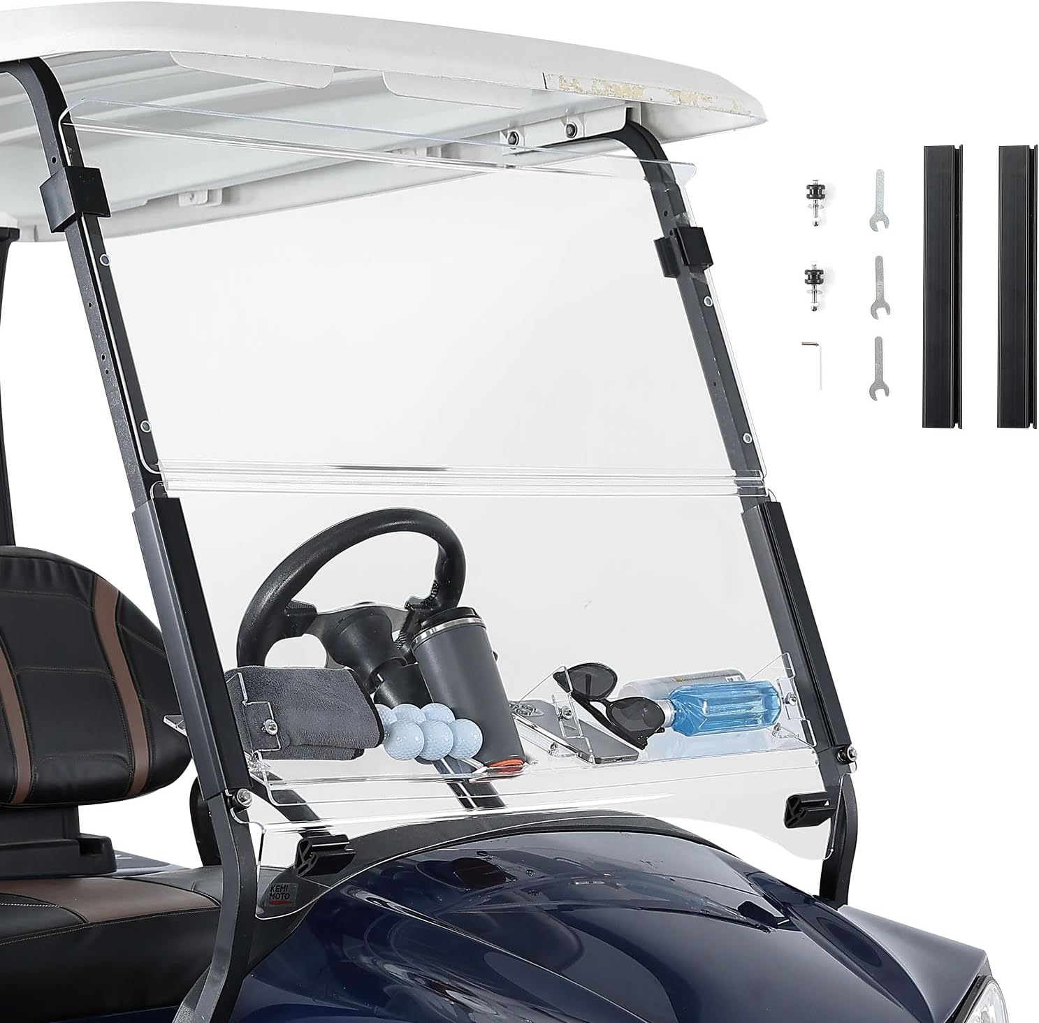 KEMIMOTO Golf Cart Windshield with Storage Basket Compatible with Club Car Precedent Gas/Electric (2004-Up), Foldable Replacement Front Windshield, Anti-UV and Impact Resistant, Patented Design