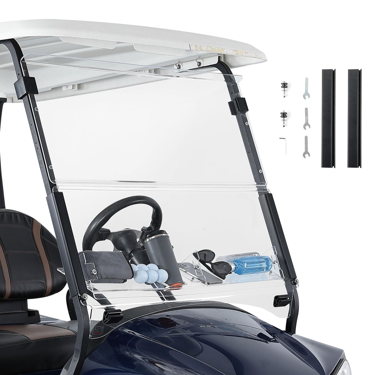KEMIMOTO Golf Cart Windshield with Storage Basket Compatible with Club Car Precedent Gas/Electric (2004-Up), Foldable Replacement Front Windshield,