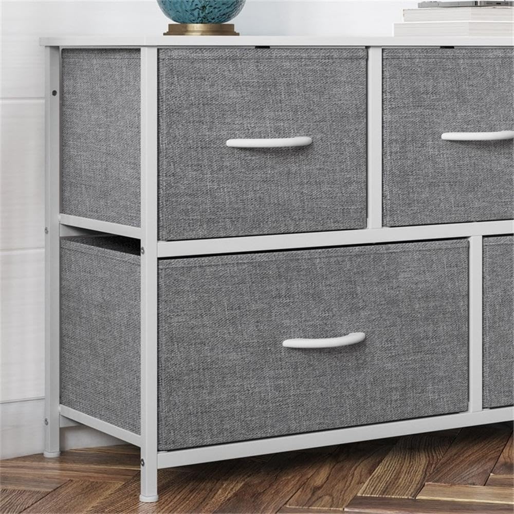 Pemberly Row 5-Drawer Dresser, Engineered Wood Top, White Iron Frame, Gray Non-Woven Fabric Drawers, Wooden Handles, Adjustable Floor Glides, 39.25" W x 11.75" D x 21.5" H, Closet or Bedroom Storage