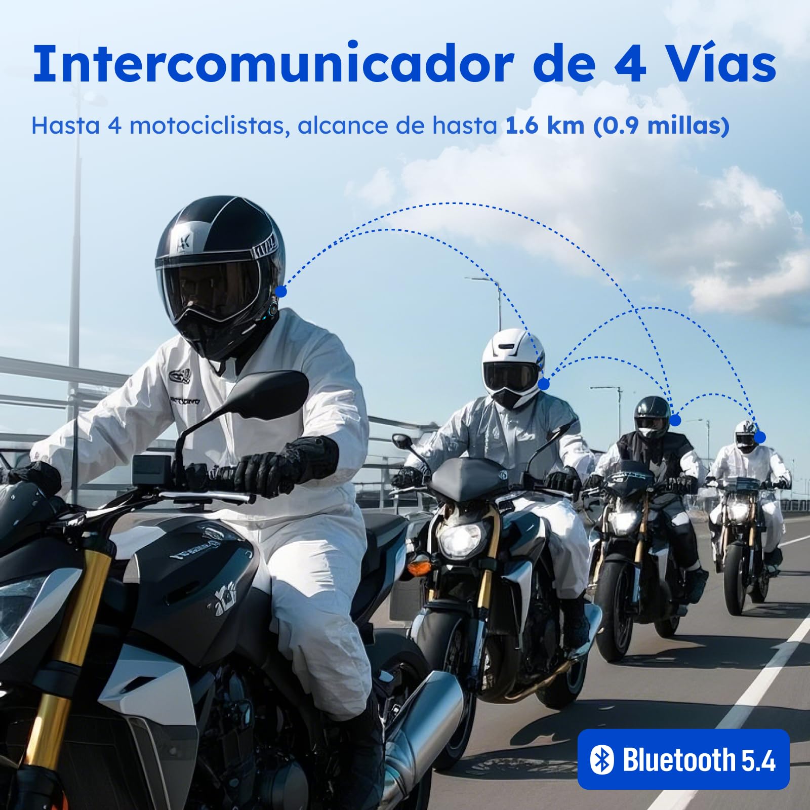 Intercomunicador Casco Moto, Control por Voz en Español, 4 Motociclistas Intercom, Bluetooth 5.4, FM, Cancelación de Ruido, Emparejamiento Universal, IPX7 - D10 Individual
