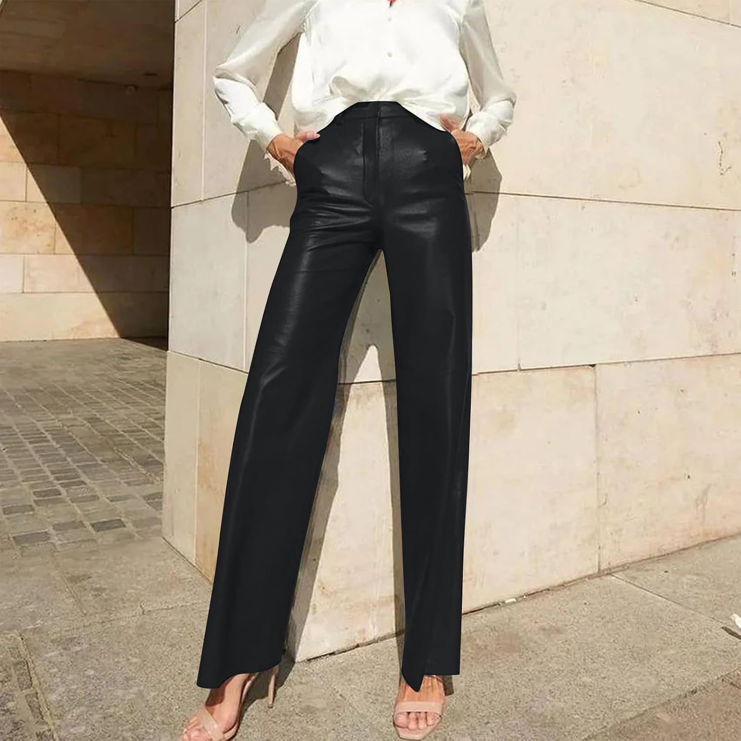 Leather Pants for Women Stretch Retro Faux Leather Pants with Pocket High Waisted Straight Leg Pleather Trousers
