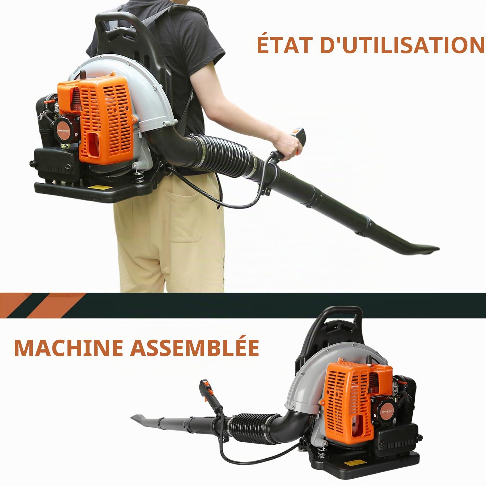 Souffleuse à gaz puissante pour sac à dos, 665 CFM - Souffleur à feuilles à gaz - Moteur 2 temps - Multifonction - 63 cm³ - Haute résistance - Orange