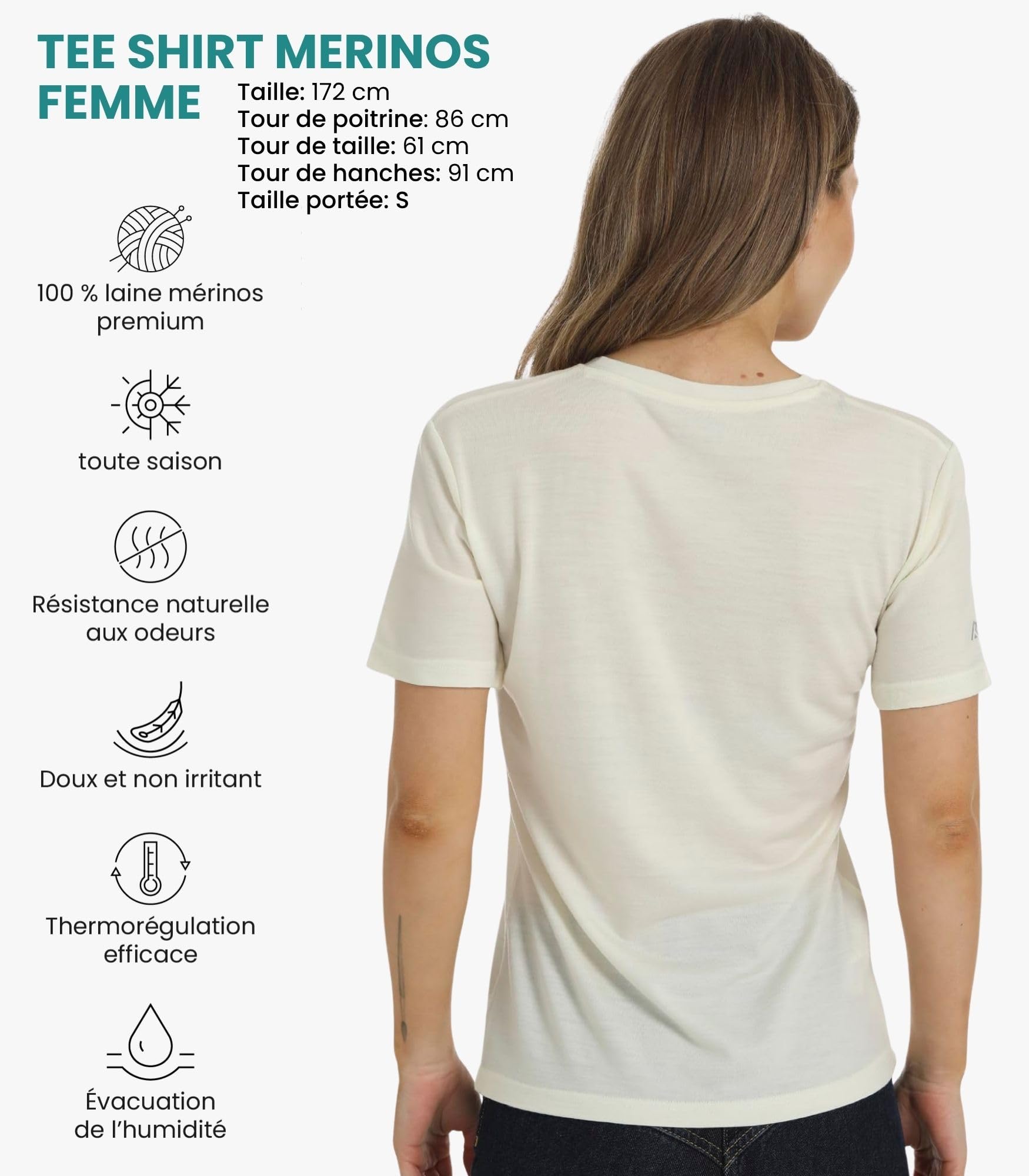 Merino.tech T Shirt Merinos Femme - Laine Merinos Chemise Femme + Chaussettes de randonnée en Laine Mérinos (Large, Creamy White V-Neck)