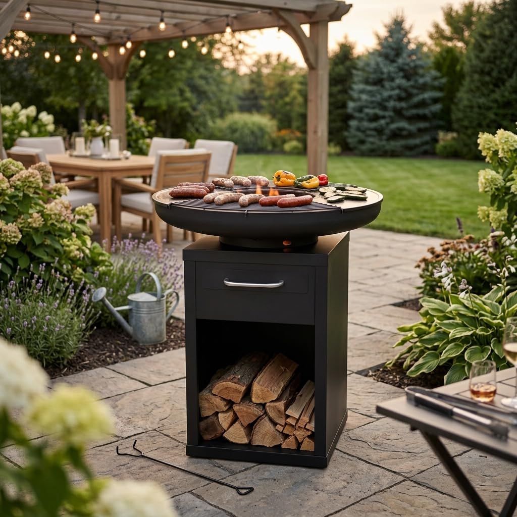 Bali Outdoors Grand Brasero Plancha Ø 80 x 92 cm in ferro, set di cottura esterno con piastre e griglie rimovibili, camino riscaldante da giardino e terrazza