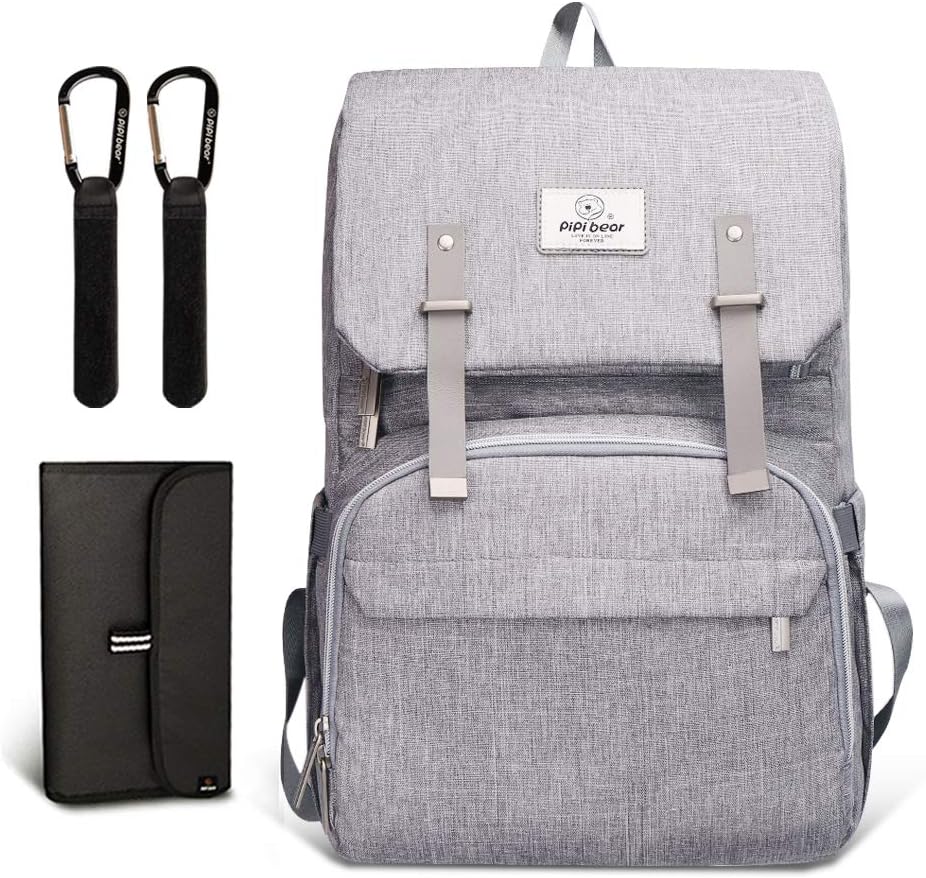 Pipi bear Baby Nappy Changing Bag Backpack, Large Capacity Diaper Bag for Mom and Dad with Laptop Compartment and Stroller Hooks (Gray)