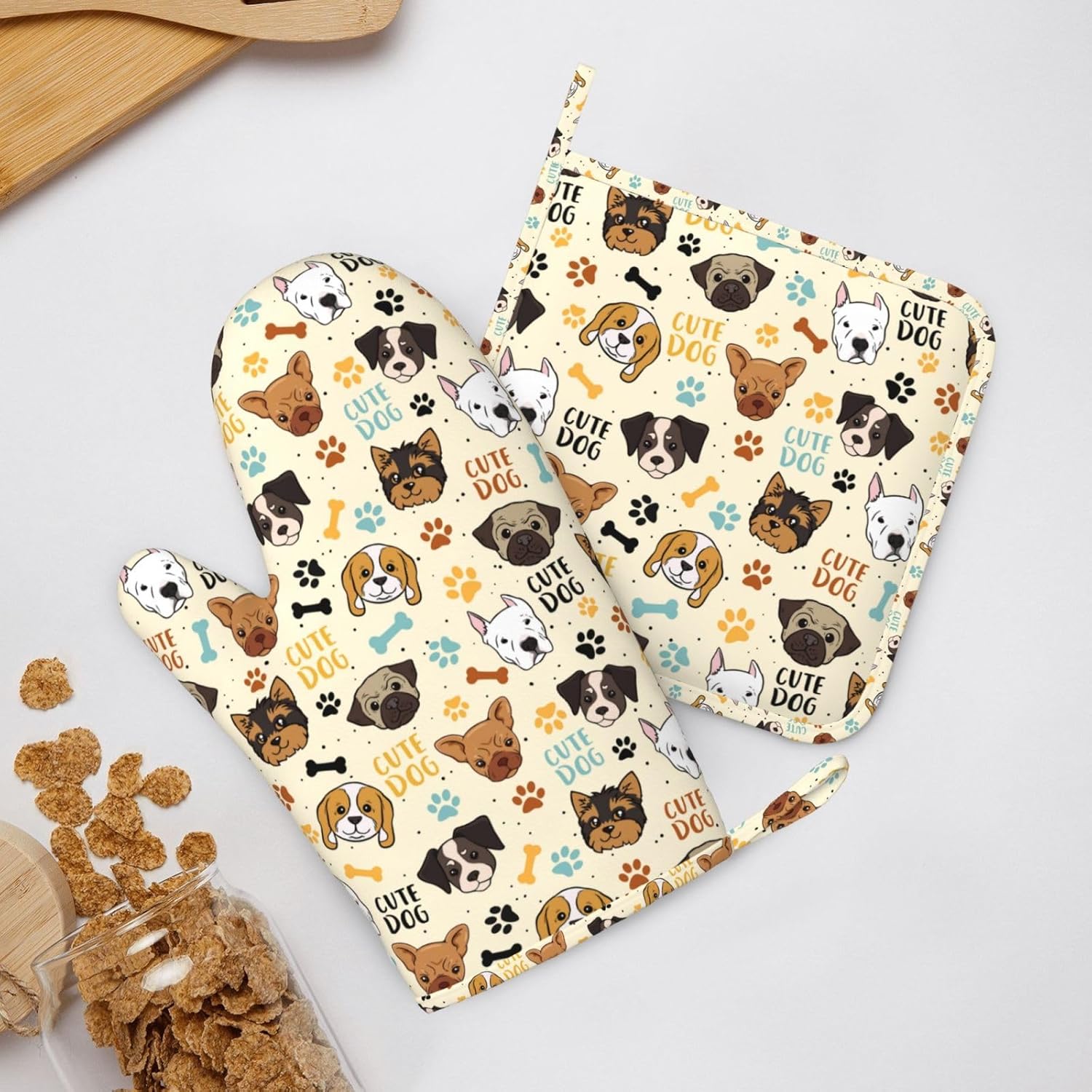 Cute Dog Oven Mitts and Pot Holders Set - Heat Resistant (500°F) Non-Slip Silicone Kitchen Gloves for Cooking, Baking, Grilling & BBQ - Kitchen Accessories for Women/Men, Gift Idea - Image 8