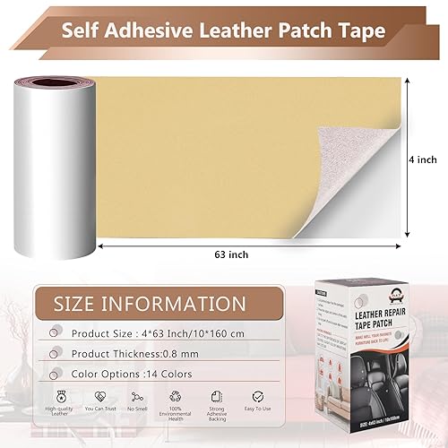 Miniatura 3 de OAZ Cinta de reparación de cuero autoadhesiva, parche de reparación de cuero de 4 x 63 pulgadas para muebles, kit de reparación de cuero para