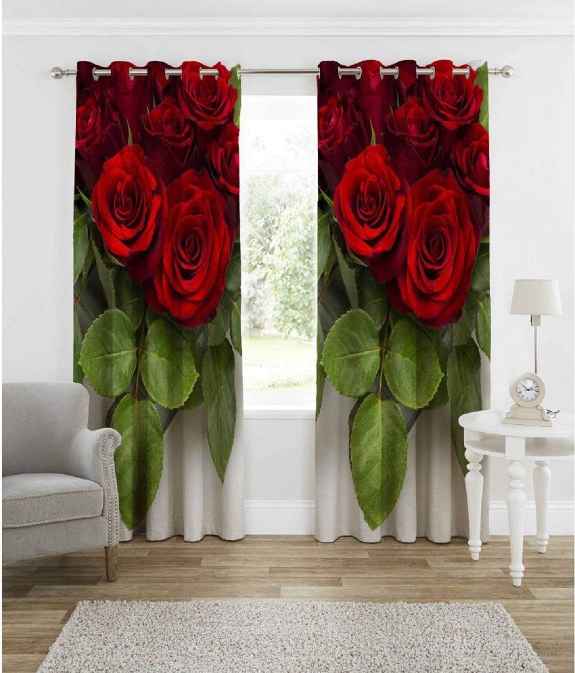 3D Rose Flowers Digital Printed Polyester Fabric Curtains for Bed Room, Living Room Kids Room Curtains Color Red Window/Door/Long Door (D.N.63) (2, 4 x 5 Feet (Size: 48 x 60 Inch) Window)