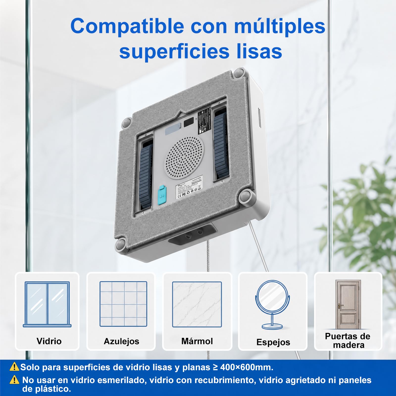 Robot limpiacristales con pulverización automática, App y Mando | 4 boquillas de pulverización · Bomba de agua · 4 modos de limpieza · Control remoto · Adhesión segura