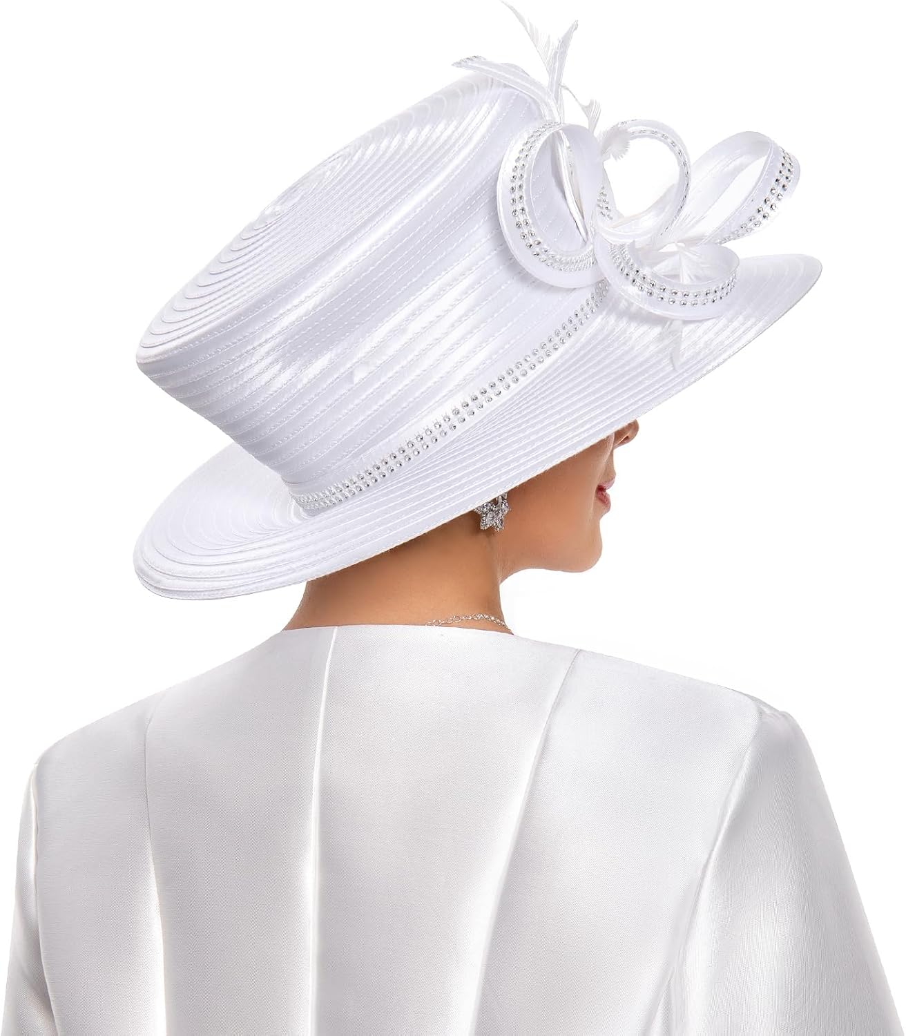 Women's Church Hat for Baptism Wedding Wide Brim Rhinestone Fascinator Sunday Chapel Tea Party Hat