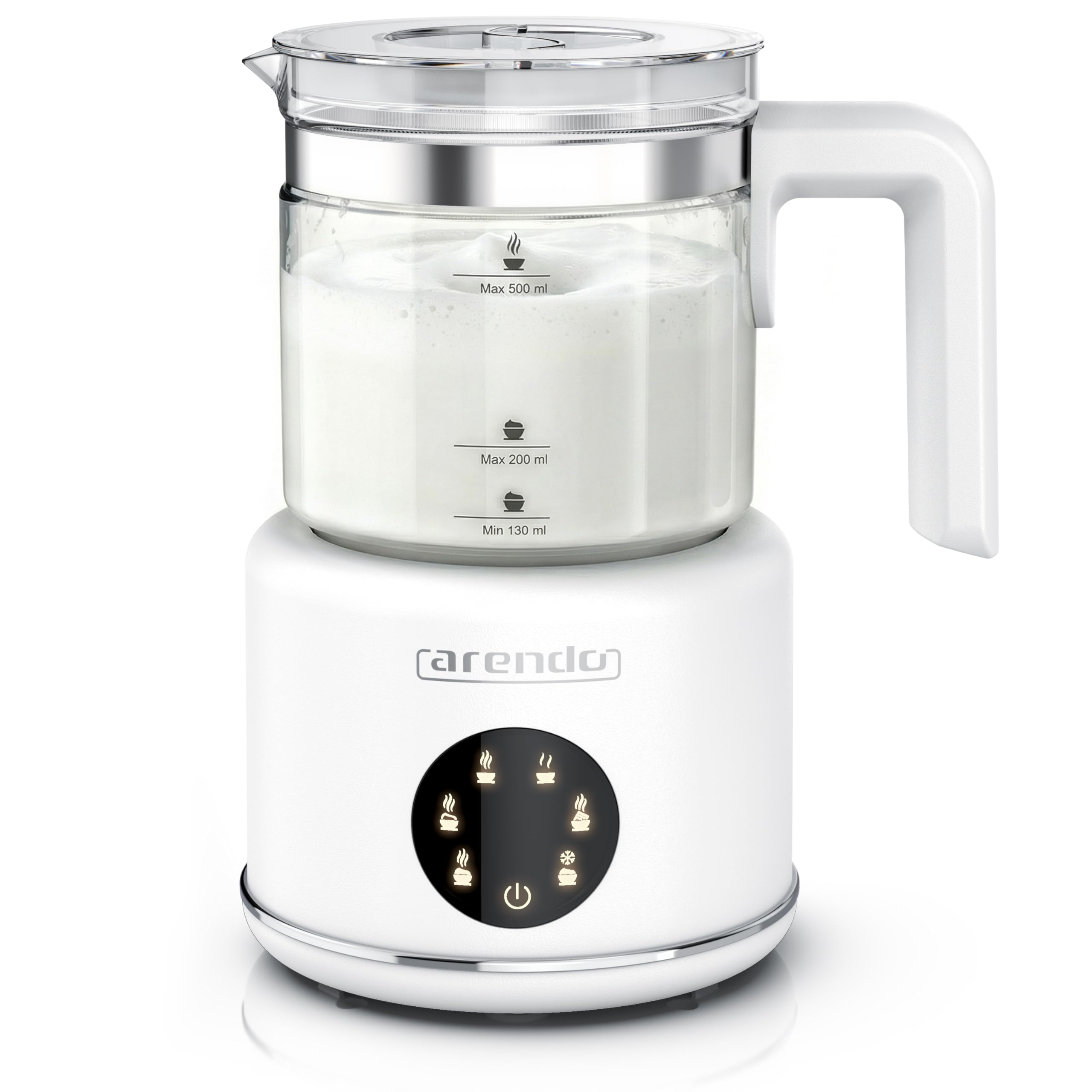 Arendo – Milchaufschäumer elektrisch – 600 Watt Heizelement – 500 ml – 6 Automatikprogramme – Milchschaum für heiß und kalt – 2 Einsätze – für Cappuccino Latte Macchiato heiße Schokolade