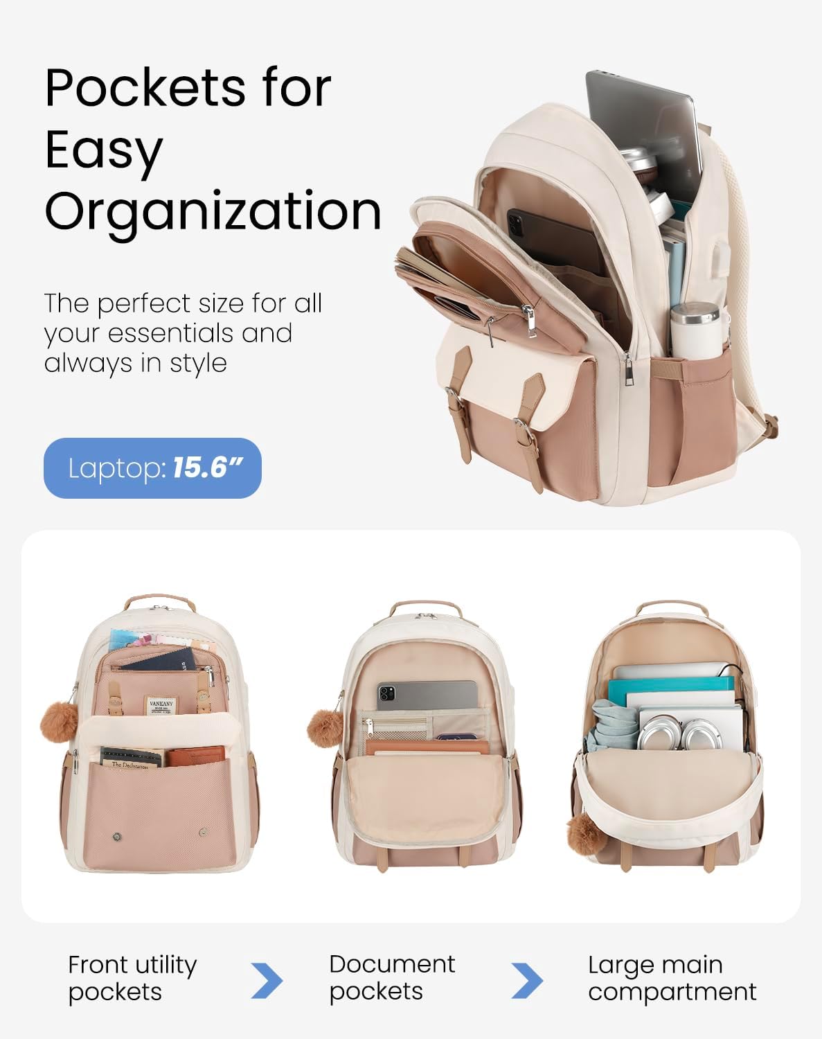 School Backpack for Teen Girls, Aesthetic Schoolbag for Middle School High School, Cute Laptop Bookbag for College Women Students Mochilas Niñas, Khaki Beige - Image 3