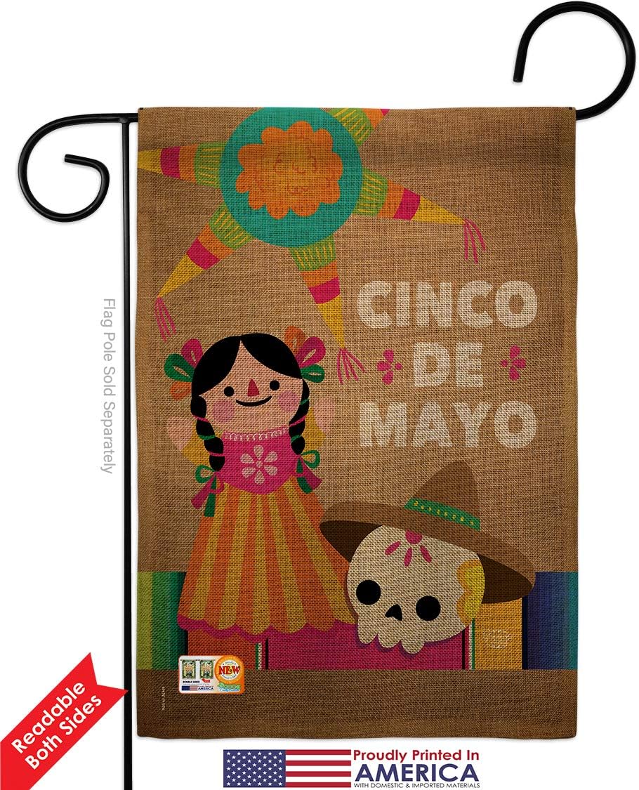 Cinco de Mayo Day Burlap Garden Flag Summertime Party Cactus Pinata Sombrero Mexican Fiesta Outdoor Small Decorative Gift Yard House Banner Double-Sided Made In USA 13 X 18.5