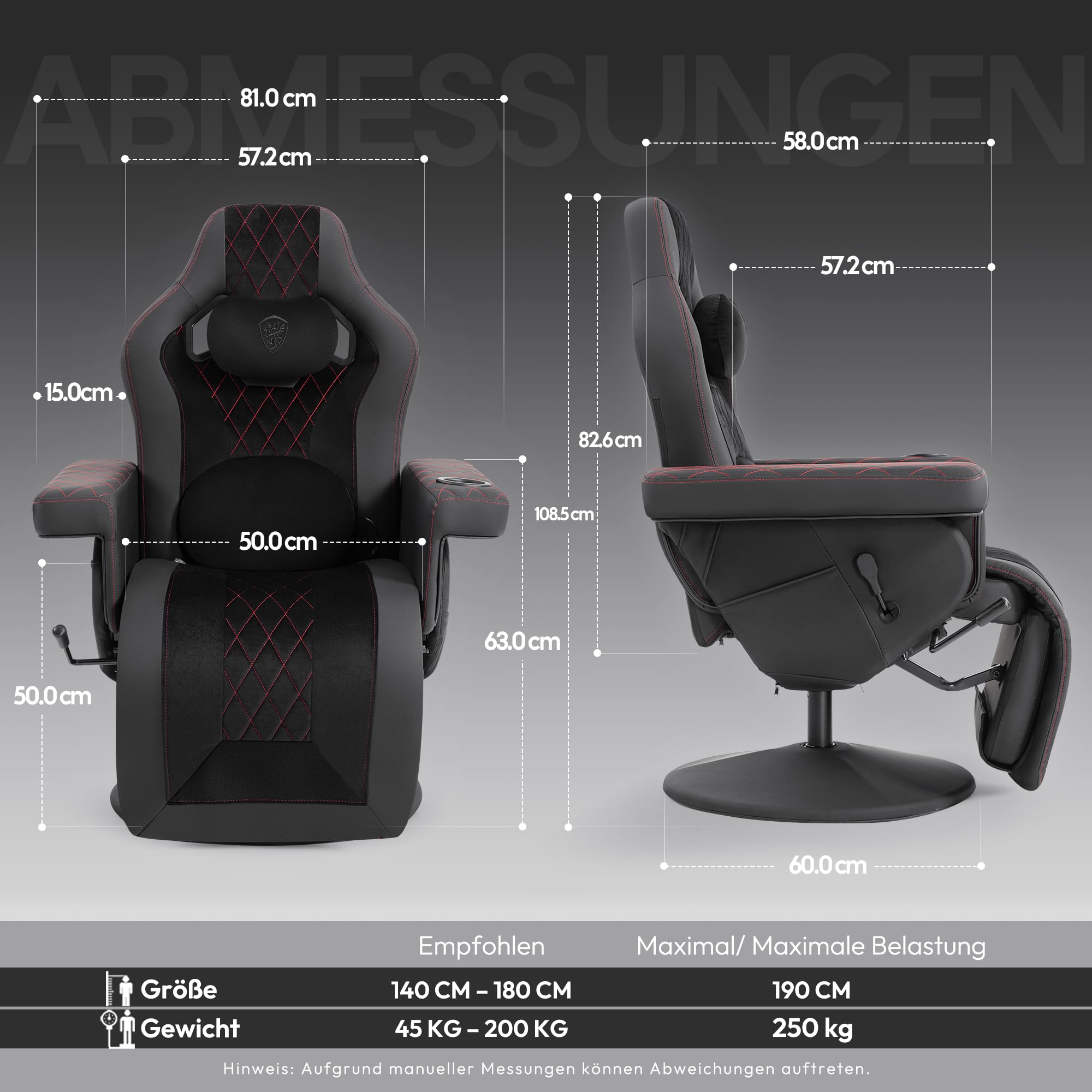 Dowinx Relaxsessel Gaming Sessel mit Shiatsu Massagefunktion, Fernsehsessel mit Liegefunktion 90°–135° und Fußstütze, 360° drehbarer Gaming Stuhl ohne Rollen, Getränkehalter, Seitentaschen-Schwarz Rot