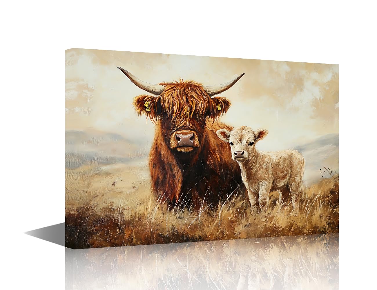 TISHIRON 1 Panel Highland Cow Wall Decor for Bedroom Living Room Calf Wall Art Paintings Wildlife Pictures Canvas Modern Artwork Home Decorations Office Framed Ready to Hang - 24x16in