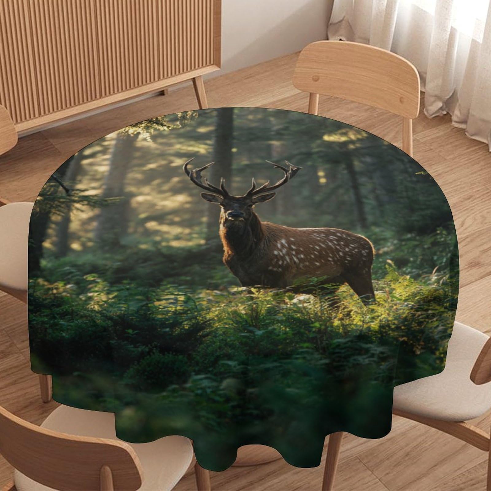LUYYSKY Rustic Watercolor Animal Round Tablecloth Colorful Realistic Natural Botanical Forest Wildlife Elk Pattern Washable Decor for Table Cover for Kitchen-127 Wx127 L cm