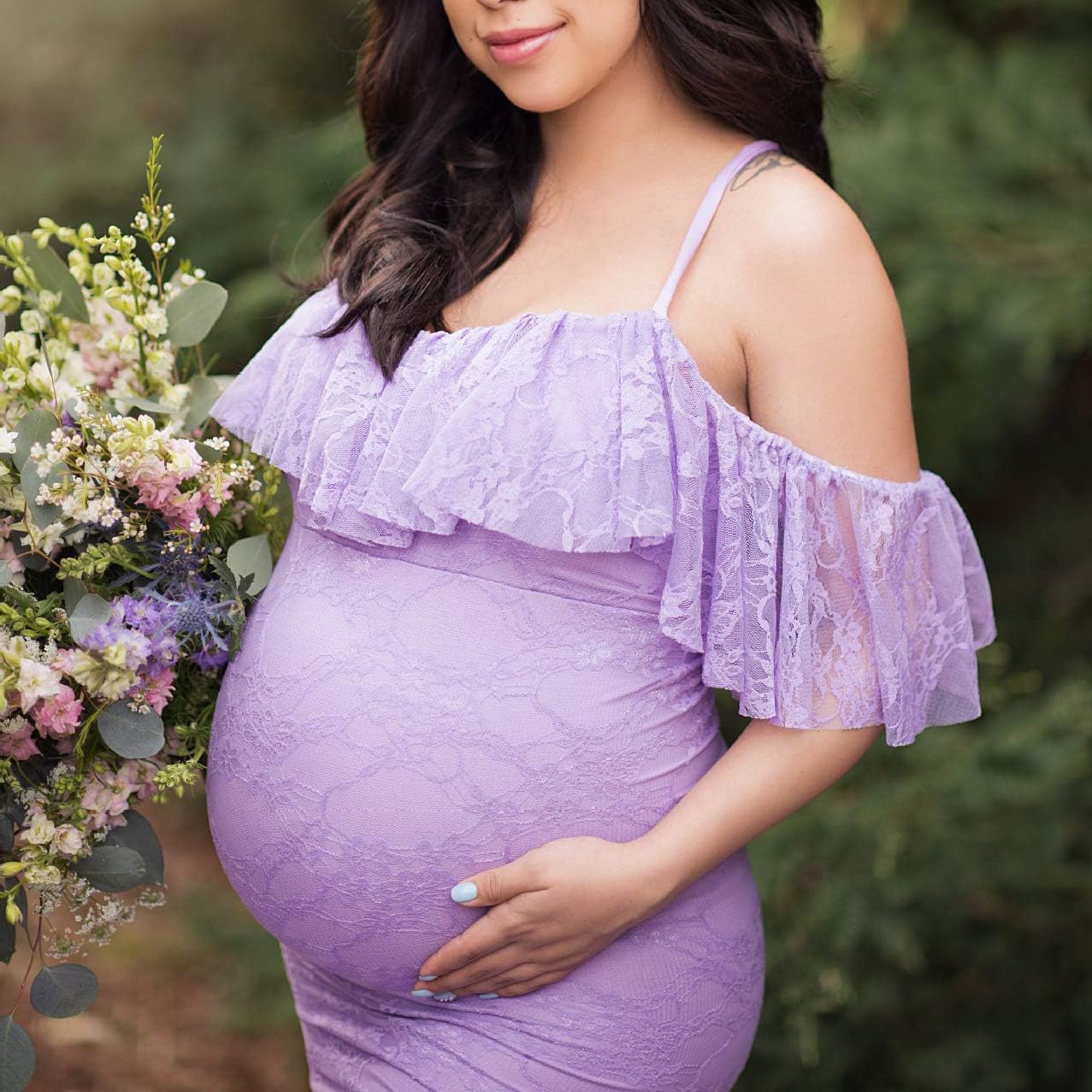 Women Spaghetti Strap Ruffle Floral Lace Maternity Dress for Photography Mermaid Off Shoulder Maternity Dress for Baby Shower