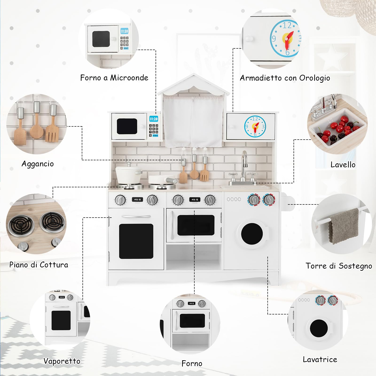 COSTWAY Cucina Giocattolo per Bambini, Cucina Legno per Bambini con Lavatrice, Piano, Cottura Forno e Microonde, 3 Anni+, Bianco