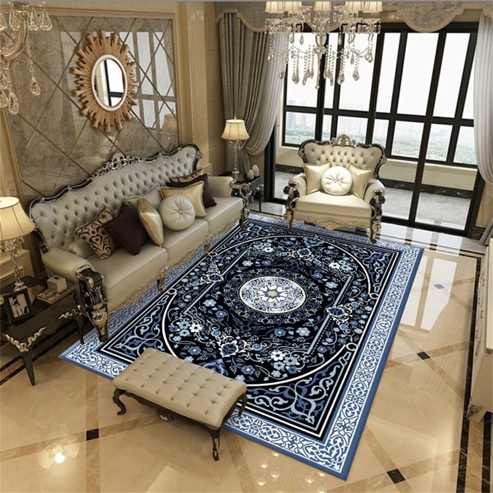 Tapis bleu floral vintage de style descente de lit élégante pour chambre fille