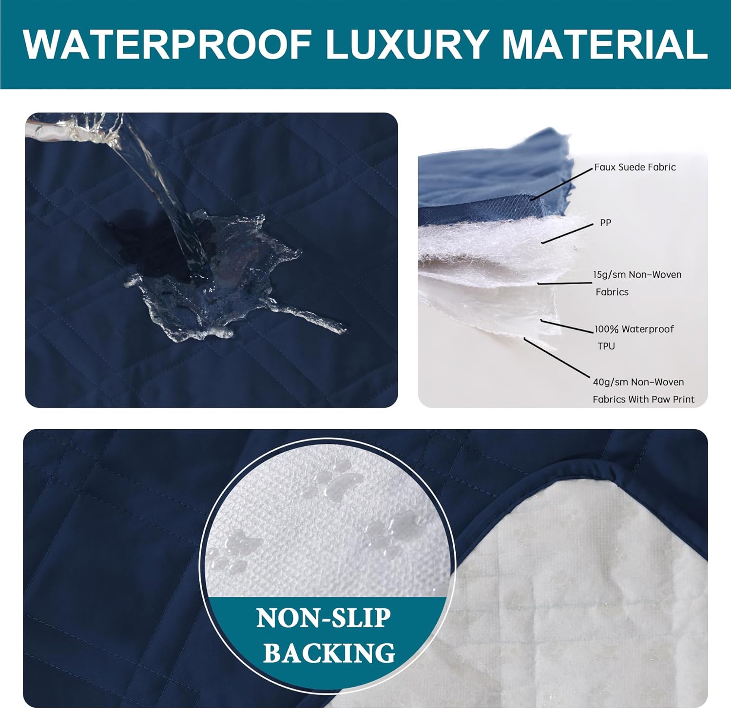 Waterproof Armrest Covers for Recliner with 3 Side Pockets Non-Slip Arm Covers for Chairs and Sofas Protector for Dogs Armrest Slipcovers Set of 2 (Navy)