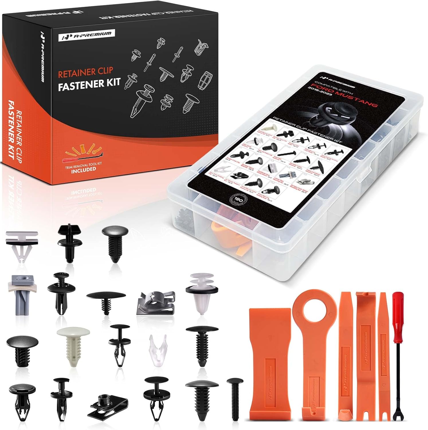 A-Premium 190PCS Bumper Retainer Clips Plastic Rivets Push Retainer Kit 19 Sizes 40.16oz Fender Door Trim Molding Clips Compatible with Ford Mustang 2015-2023, w/Removal Tool
