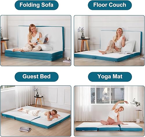 Miniatura 5 de SINWEEK - Colchón plegable de espuma viscoelástica, cubrecolchón plegable de 4 pulgadas con triple pliegue, cama de invitados certificada
