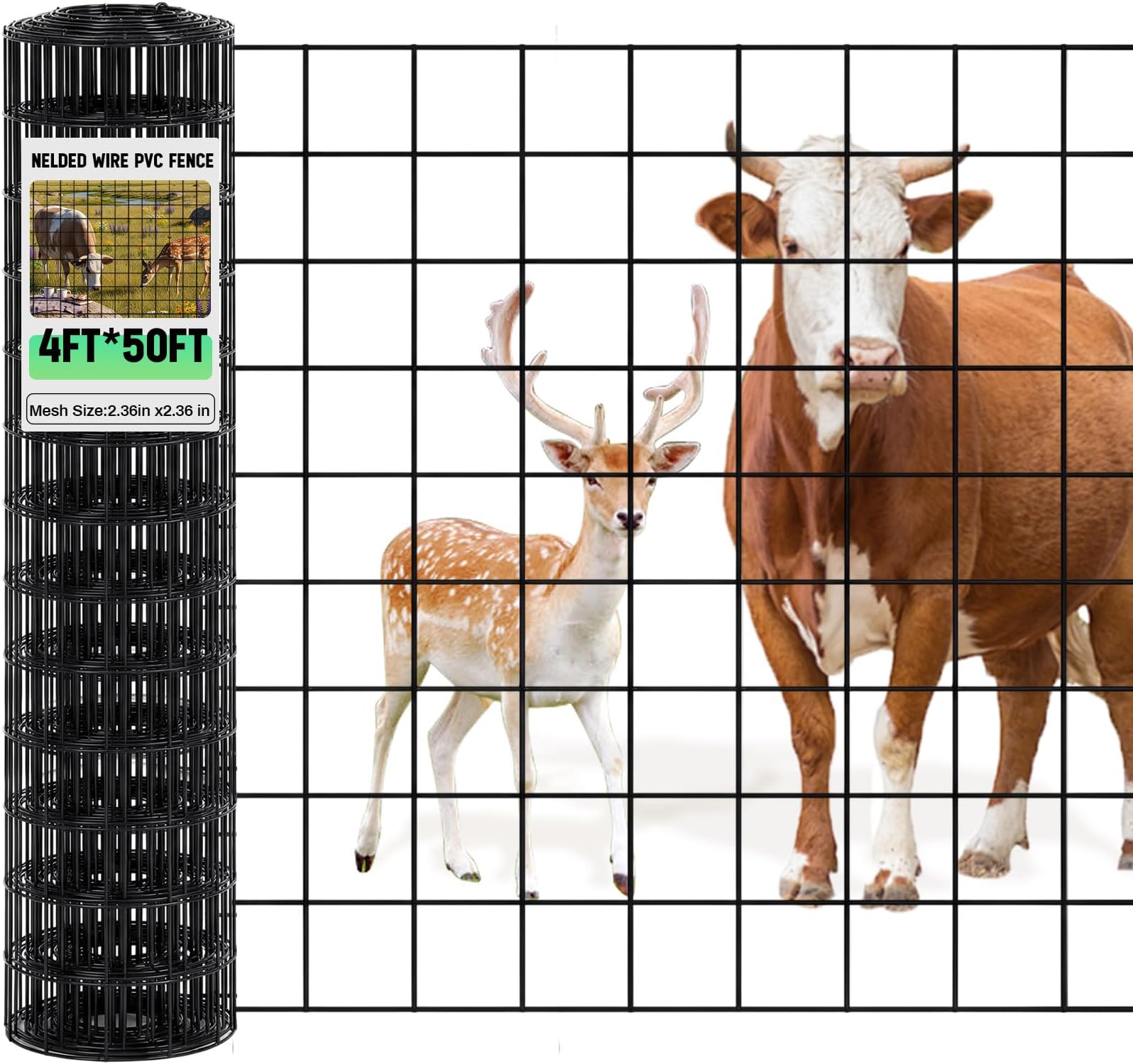 Gisafai 16 Gauge Galvanized Welded Wire Fence 4 ft x 50ft PVC Coated Hardware Cloth, 2.36" x 2.36" Mesh, Heavy Duty Garden Fencing Roll for Chicken, Dog Yard, Deer Cattle & Animal Protection(Black)